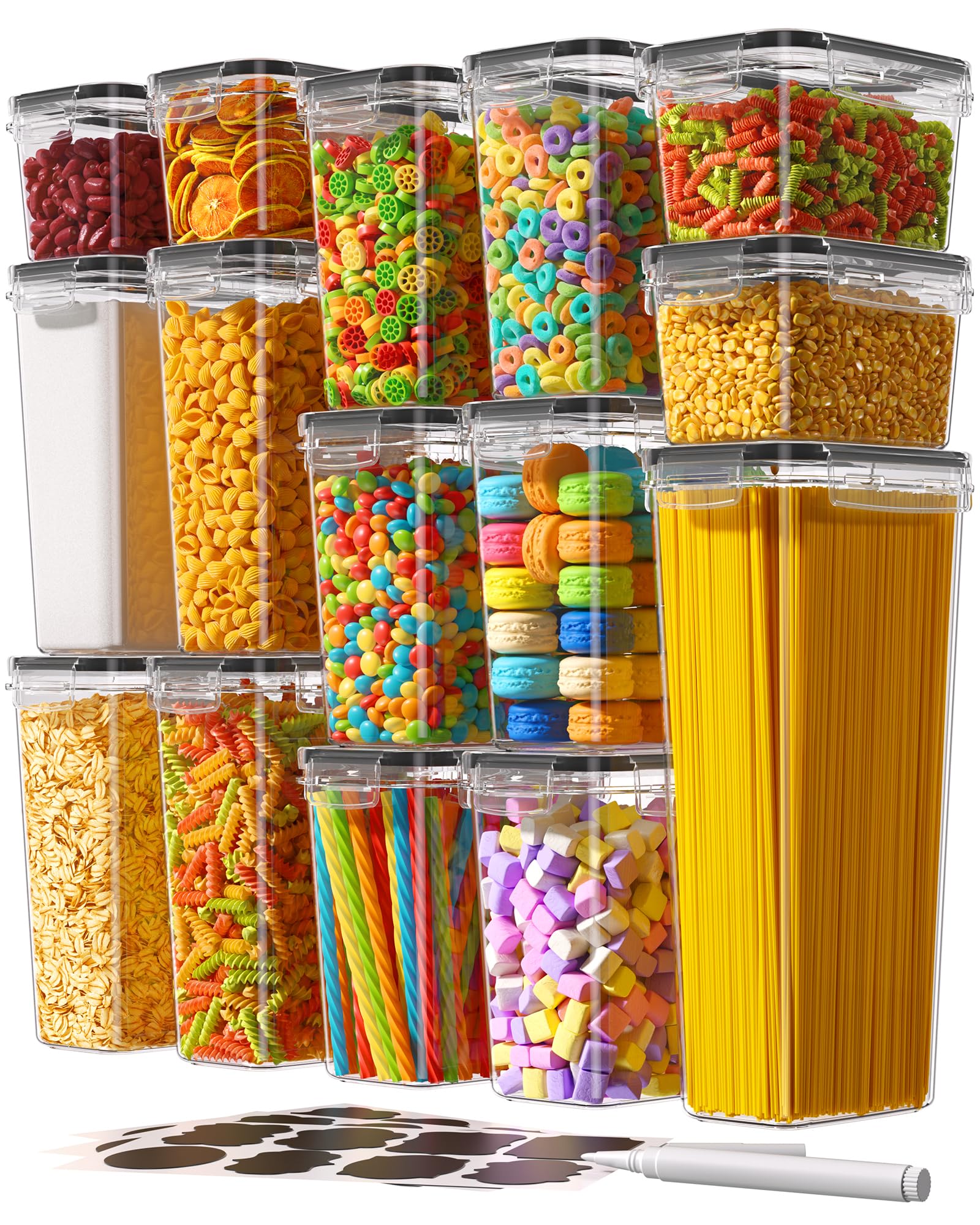 Photo 1 of Airtight Food Storage Containers with Lids, 15 PCS Kitchen and Pantry Organization Canisters, BPA-Free, PVC-Free, Food-grade Plastic Leak-proof Jars for Cereal, Flour, Sugar, Extra 24 Labels & Marker