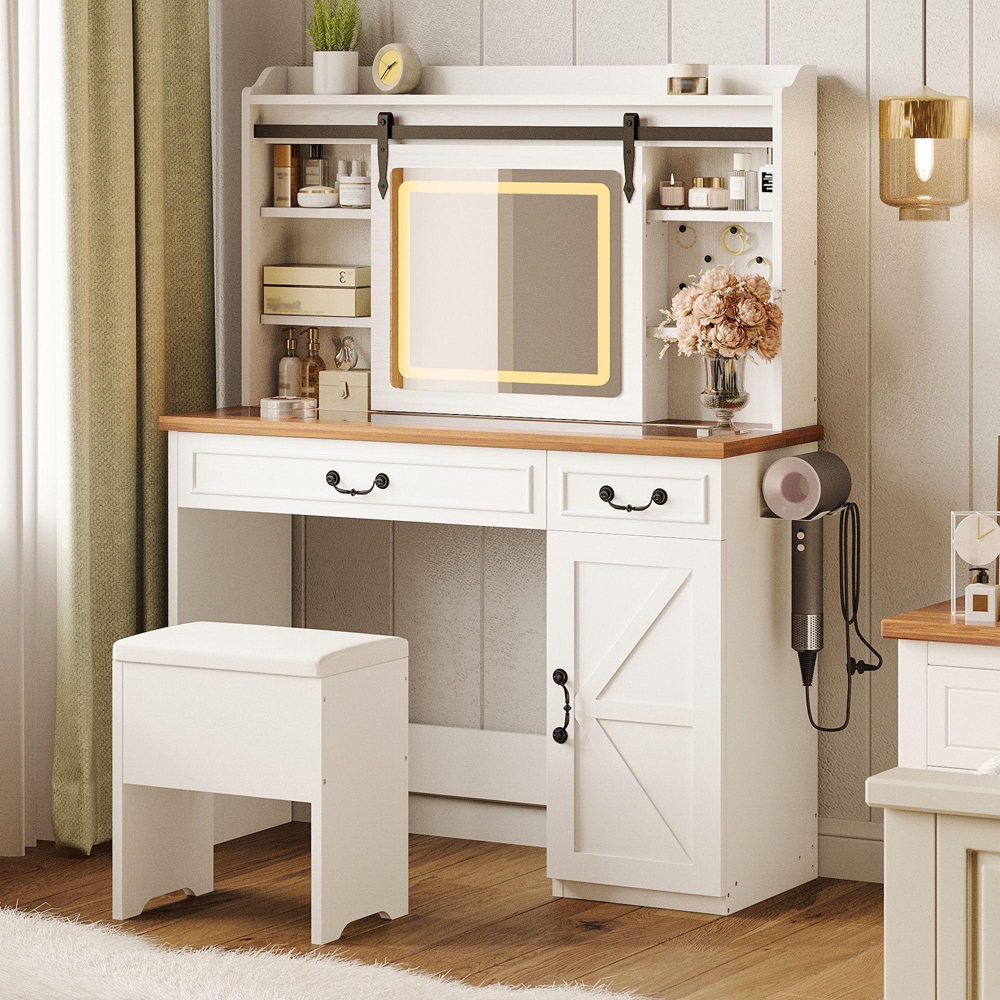 IRONCK Farmhouse Makeup Vanity Desk with Sliding Mirror and Lights,41