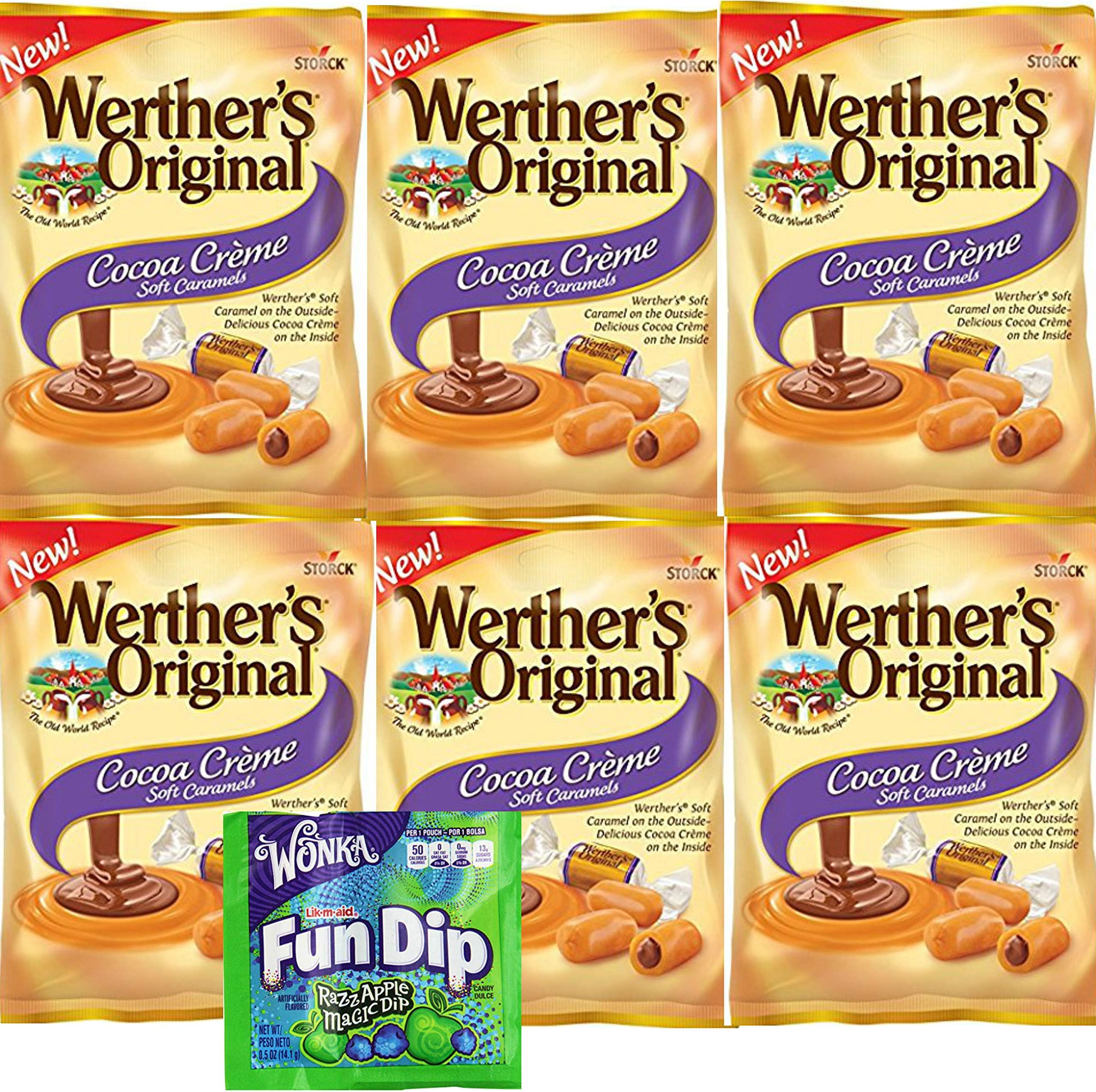 Werthers Cocoa Creme Soft Caramels. Six Bags of Werthers Original Caramel Cremes Candy. Easy Shopping For Delightfully Popular Candy Snacks. Vegetarian Friendly. Includes Fun Dip Sample.