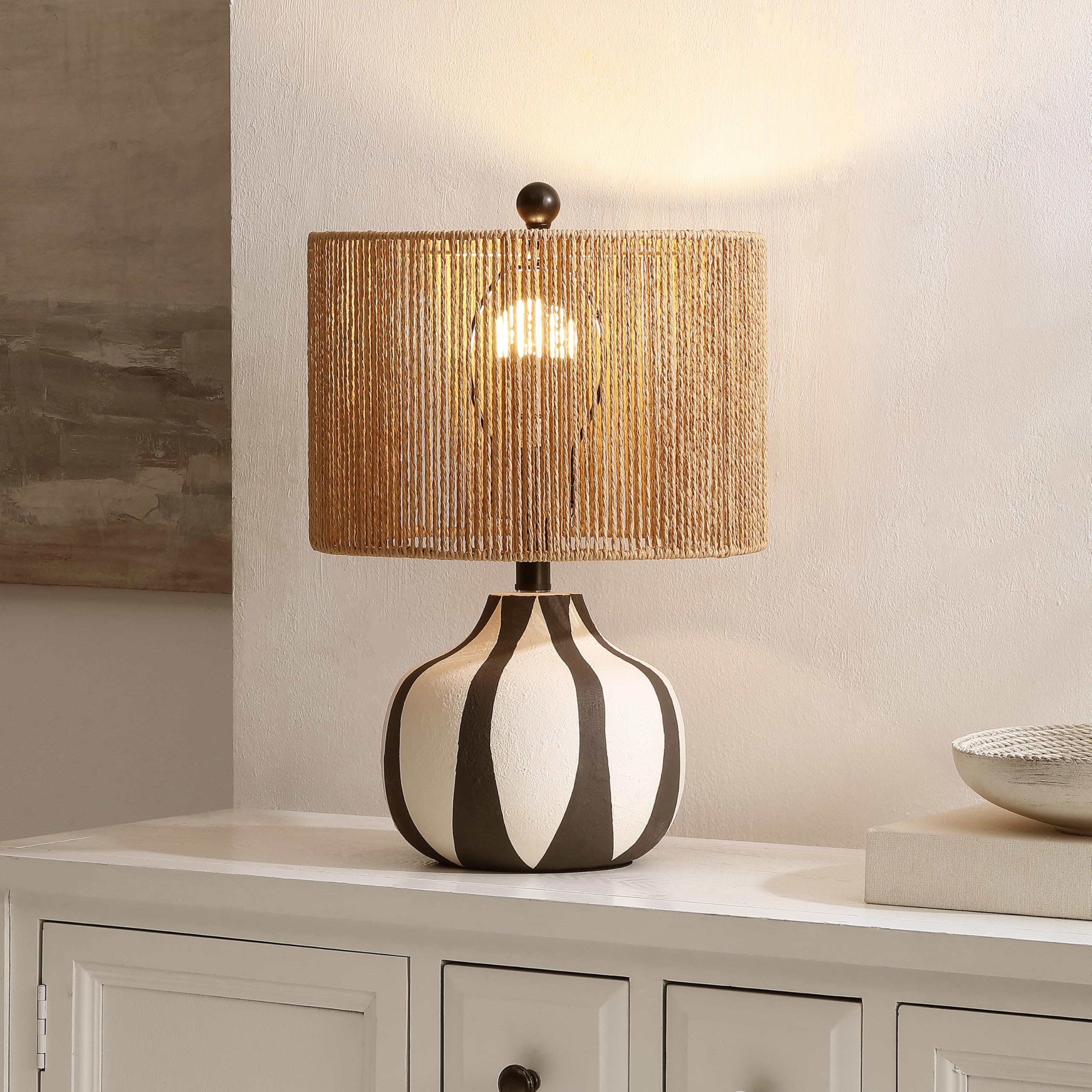 Lighting Collection - Devi Cream & Black Ceramic Table Lamp, 20" Decorative Accent Light with Rattan Shade, E26 Bulb Compatible (TBL4655A)