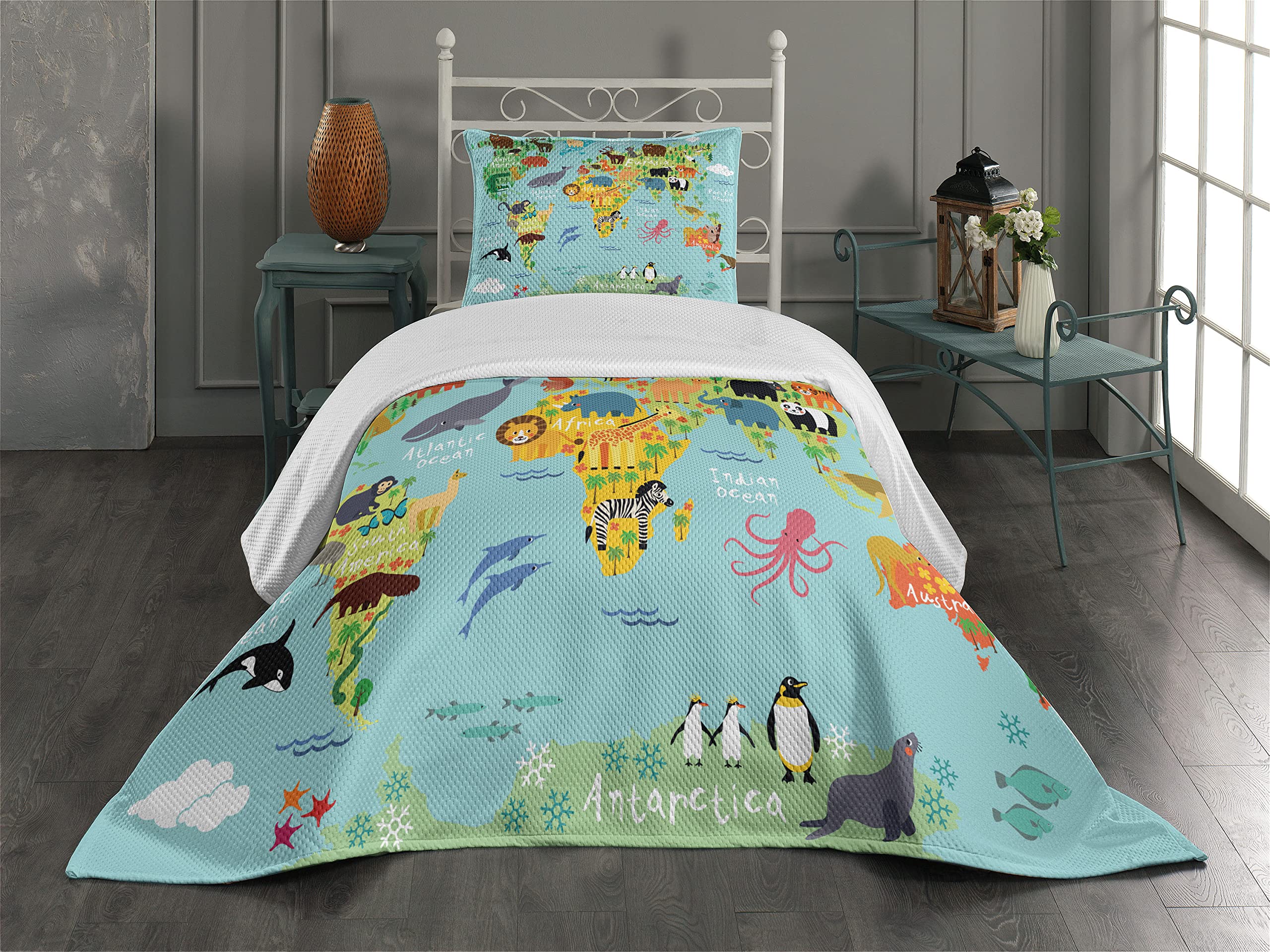 Ambesonne Cartoon Coverlet Set, Animal Map of The World for Cartoon Mountains Forests Happy Atlas, 3 Piece Decorative Bedding Bedspread with 2 Pillow Shams, Twin Size, Yellow Green and Pale Blue