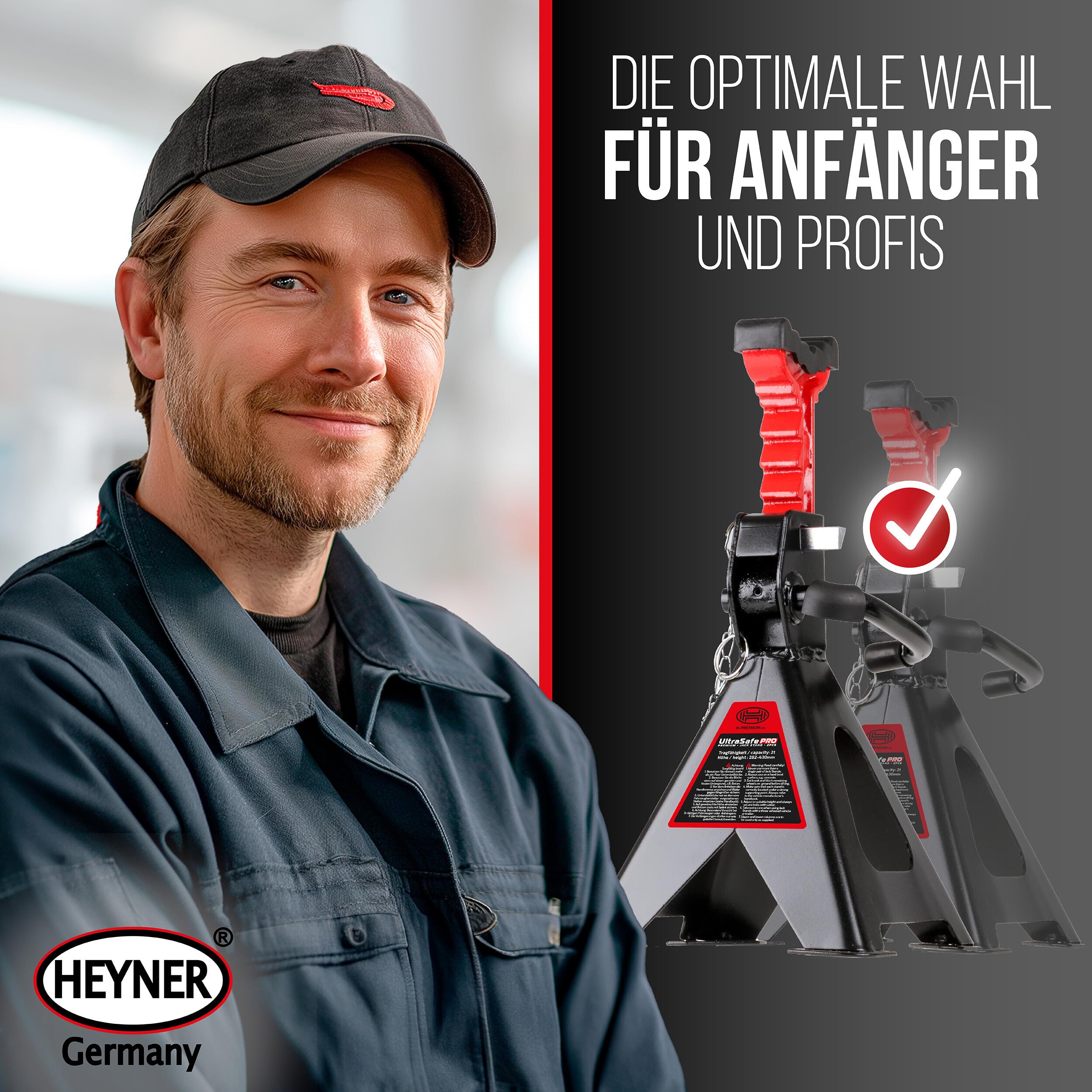 HEYNER® Unterstellbock 2er Set mit Gummiauflage Hubhöhe 300-440 mm TÜV/EAW-Zertifiziert Traglast 3t Stützbock Stützfuß 10-Fach Höhenverstellbar