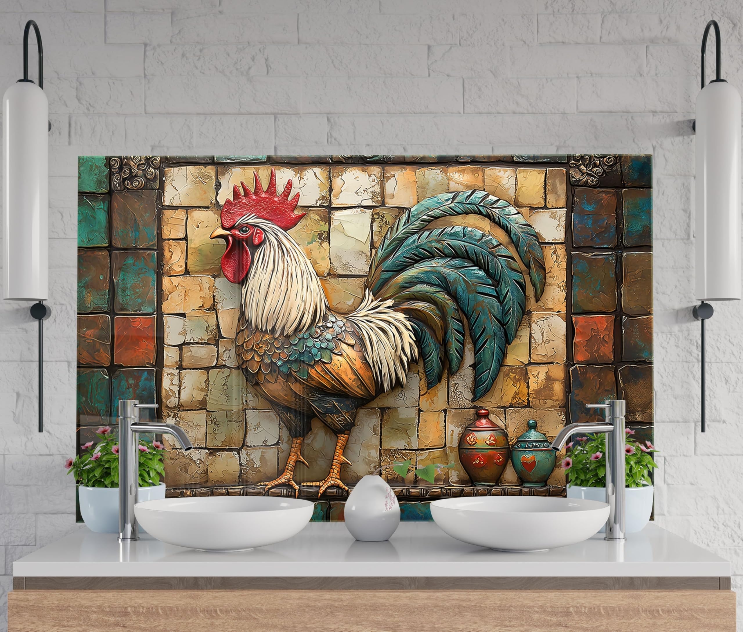 Rustic Rooster Charm Glass Kitchen Backsplash - 30"x30" Tempered Glass Stove Wall Protector | Easy Clean Splashback