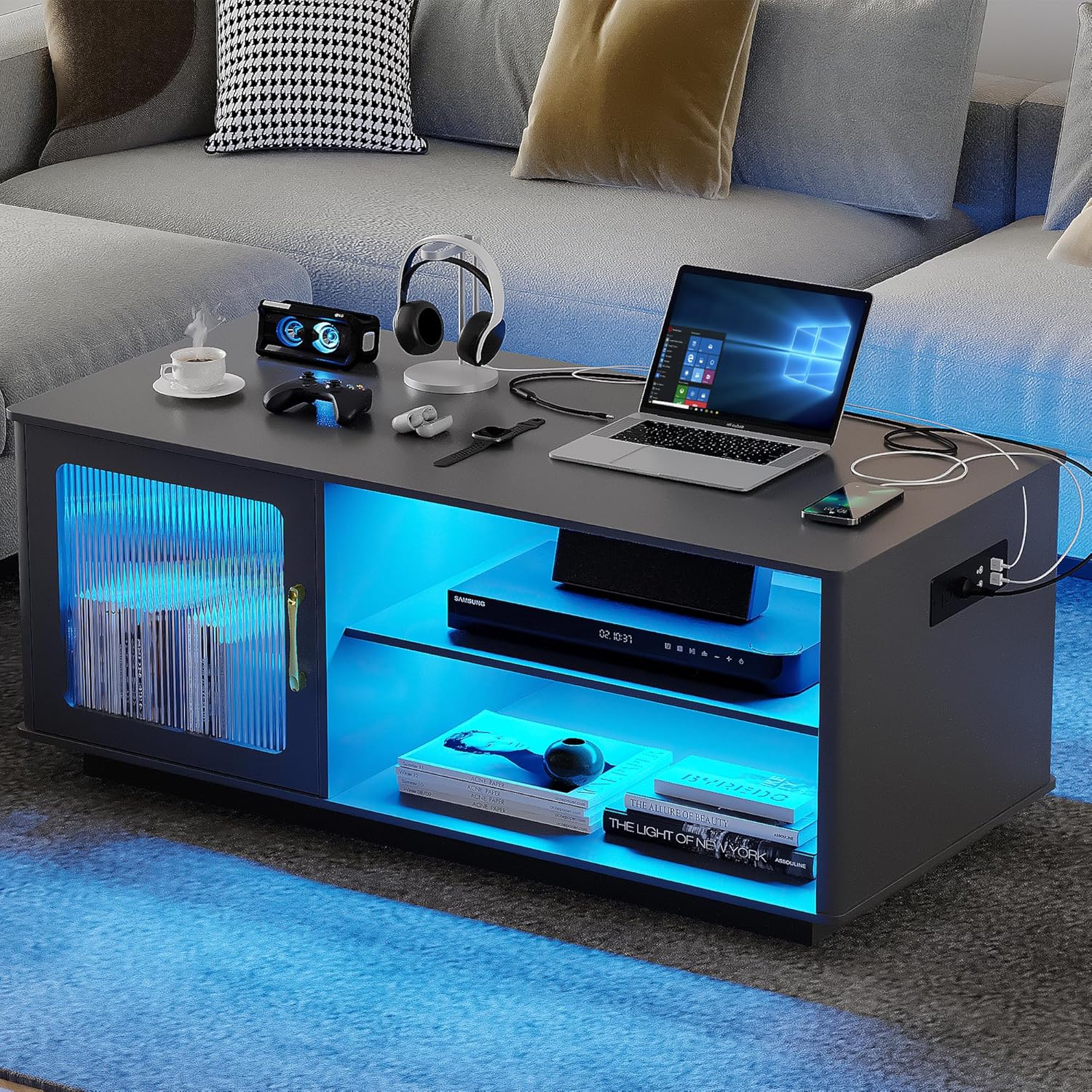 Lvifur 43'' Coffee Table with LED Lights & Charging Station, 3 Color Dimmable Auto Sensor Dining Table with 2 Storage Shelf and 1 Drawer,Farmhouse Center Table for Living Room(Black)