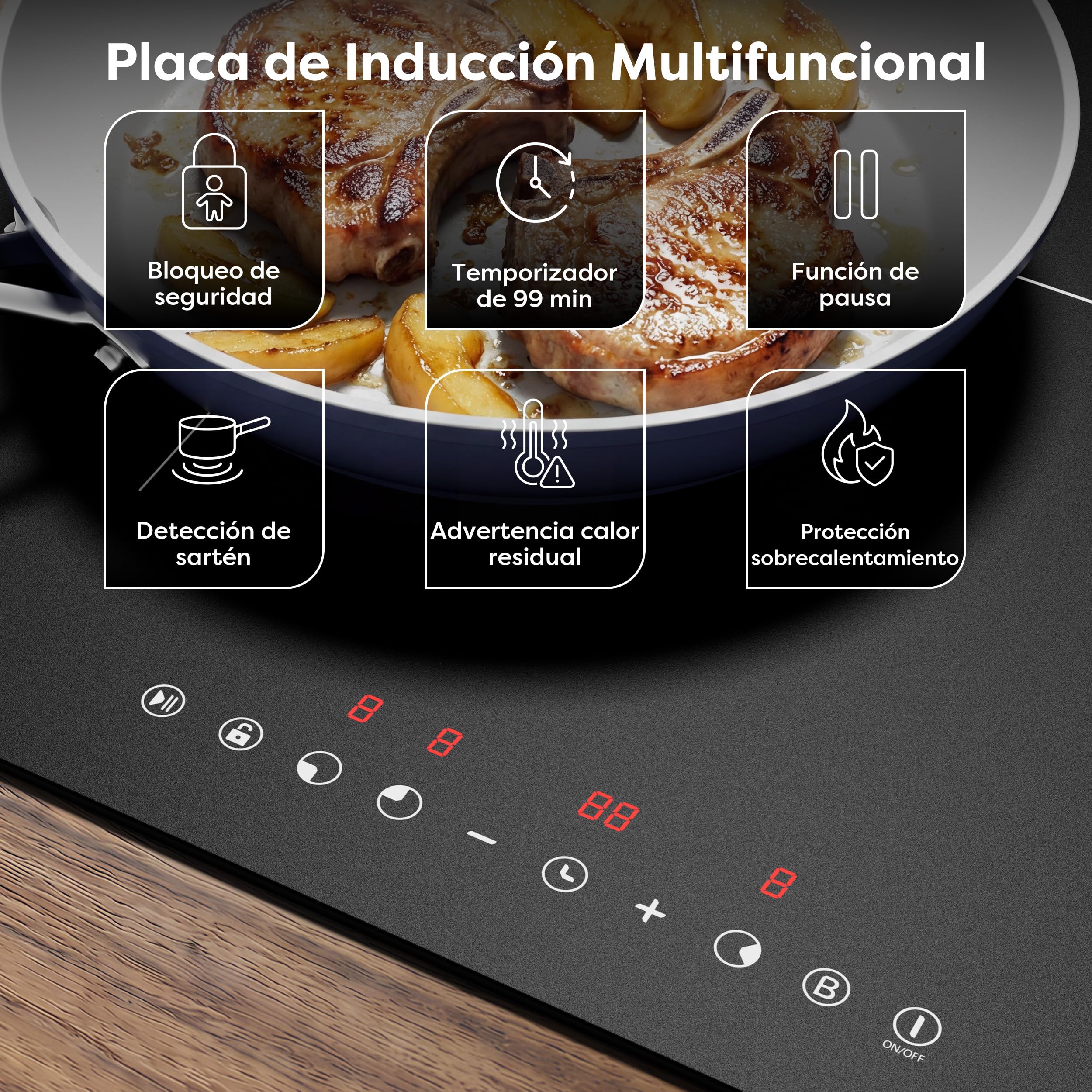 Ciarra Placa Induccion 3 Fuegos 60cm Función Boost | Limitador de potencia 2,8/3,5/6,2 kW, Pausa, Temporizador, Para Recipientes de 30cm