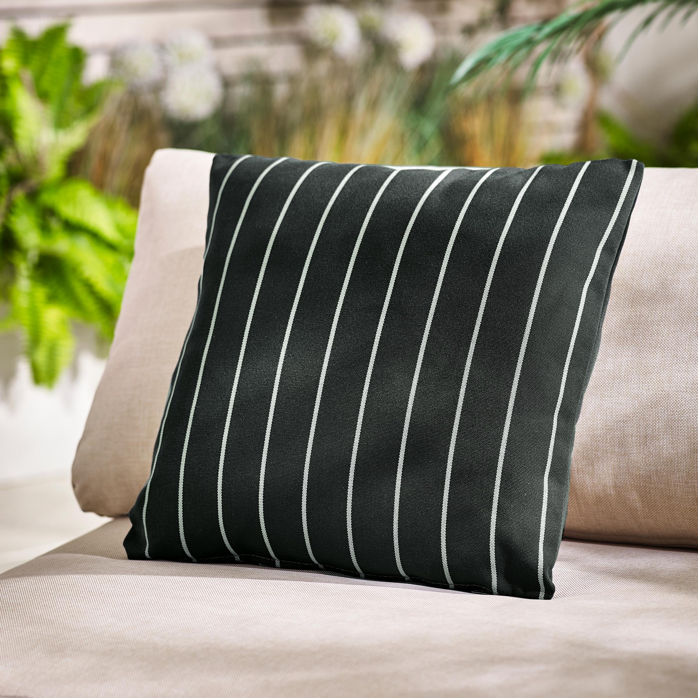 Furniturebox UK Garden Accessories, 2x and Cream Stripe Outdoor Cushions (pair) 43x43cm – Splash‑Proof Scatter Pillows for Patio Chairs and Sofas – Decorative and Durable Polyester, Black