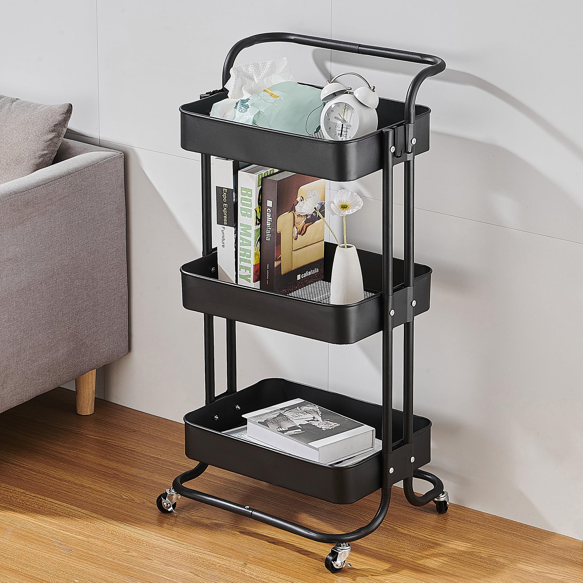 Chariot de Service Chariot de Cuisine Étagère de Cuisine, Chariot Multi-Usage Amovible, avec poignée et roulettes verrouillables, Convient pour la Salle de Bain et la Cuisine, Noir