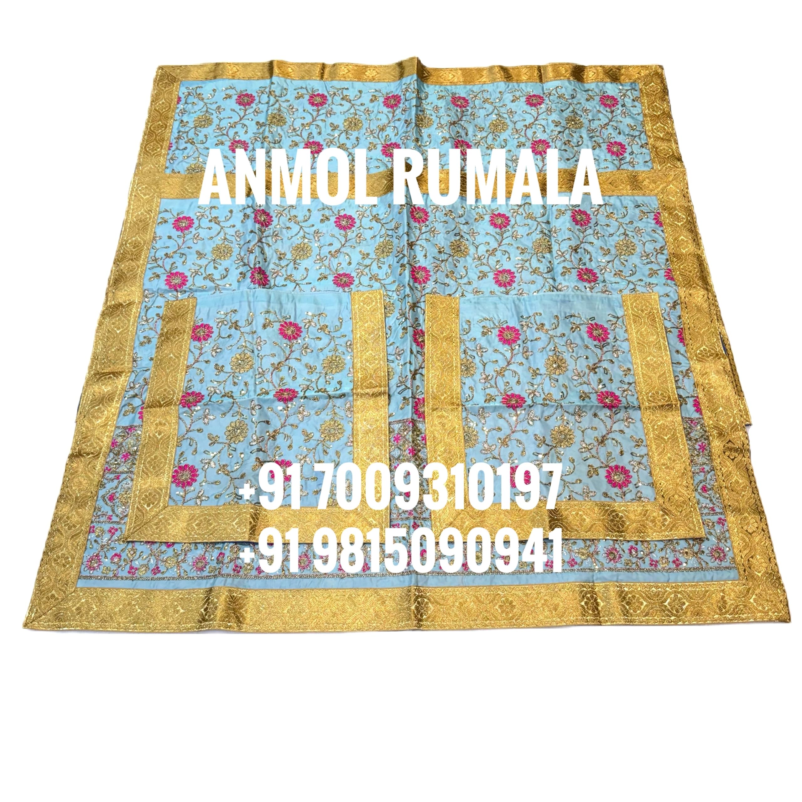 Rumala Sahib Double Set With Cotton Lining (Sky Blue with Heavy Border Embroidery and Broad Golden Gota)-image-28