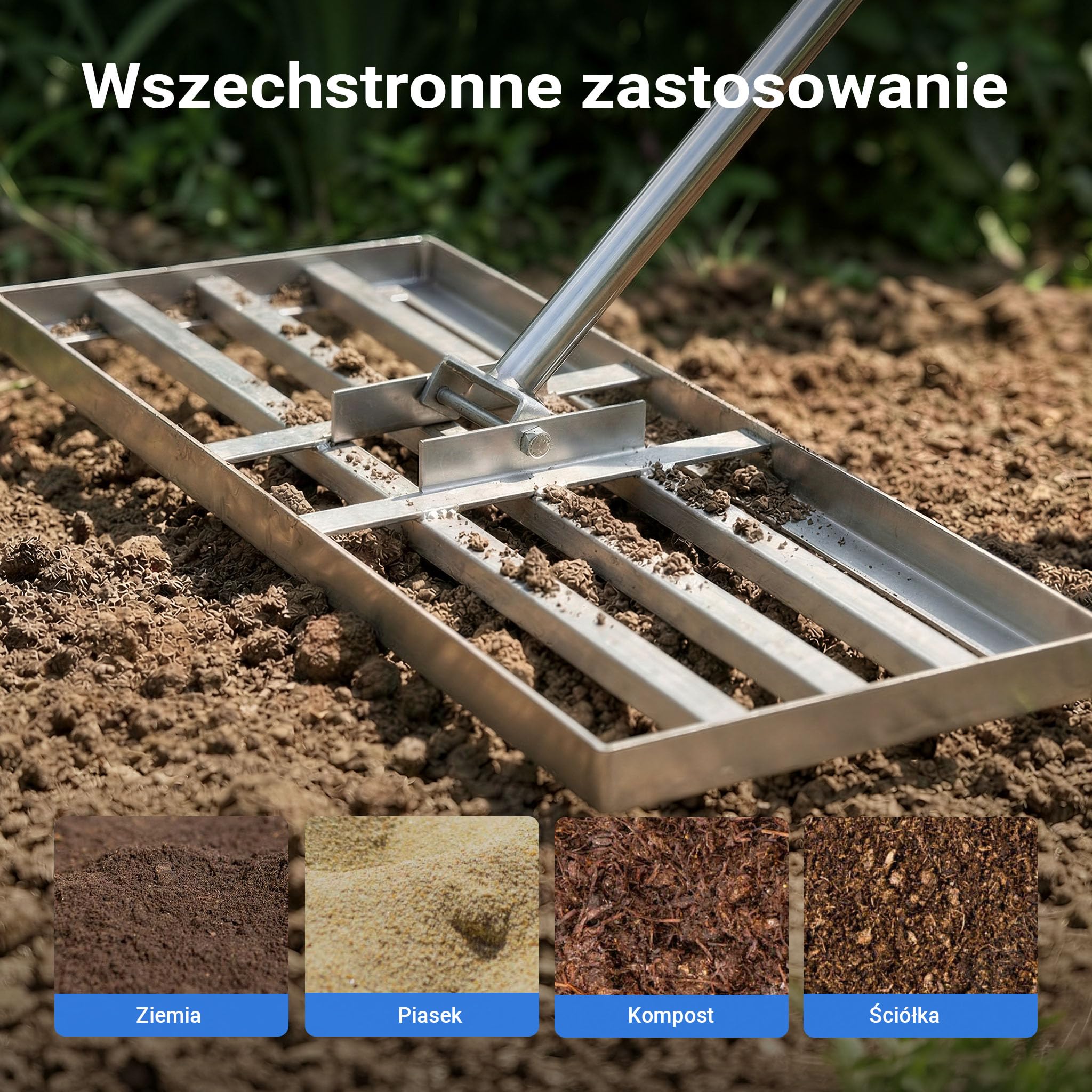 Wiltec Grabie do poziomowania trawnika ze stali nierdzewnej łącznie z kijem rozmiar S do prostowania