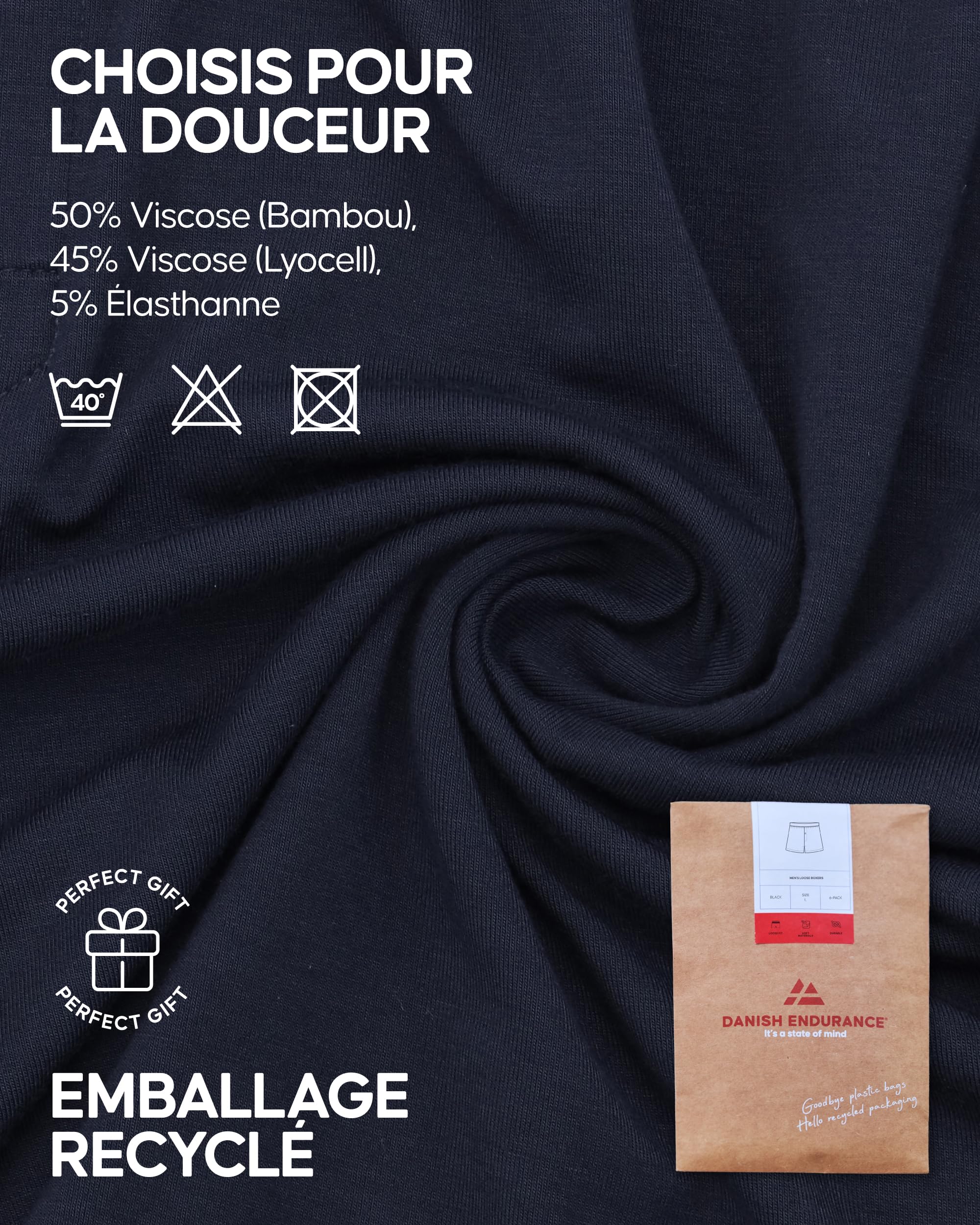 DANISH ENDURANCE Boxers Homme Amples en Bambou, Coupe Large, sous-Vêtements Respirants pour Hommes, Ceinture Dissimulée, Lot de 6