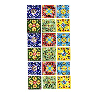 Artook Decor Blue Pottery Multi Color Classic Home Decor Jaipuri Tiles 2 x 2 inch (Pack of 18)