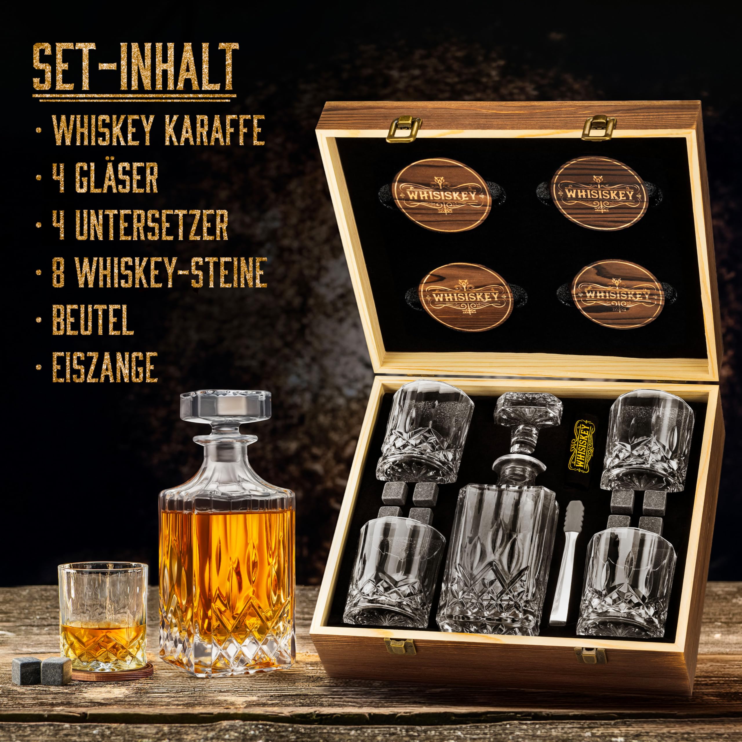 WHISISKEY Whisky Karaffe Set - Whiskey Geschenkset - Geschenke für Männer - Männergeschenke Geschenk - Geburtstagsgeschenk Mann - Klassische Dekanter 700ML, 4 Whisky Gläser, 8 Whisky Steine