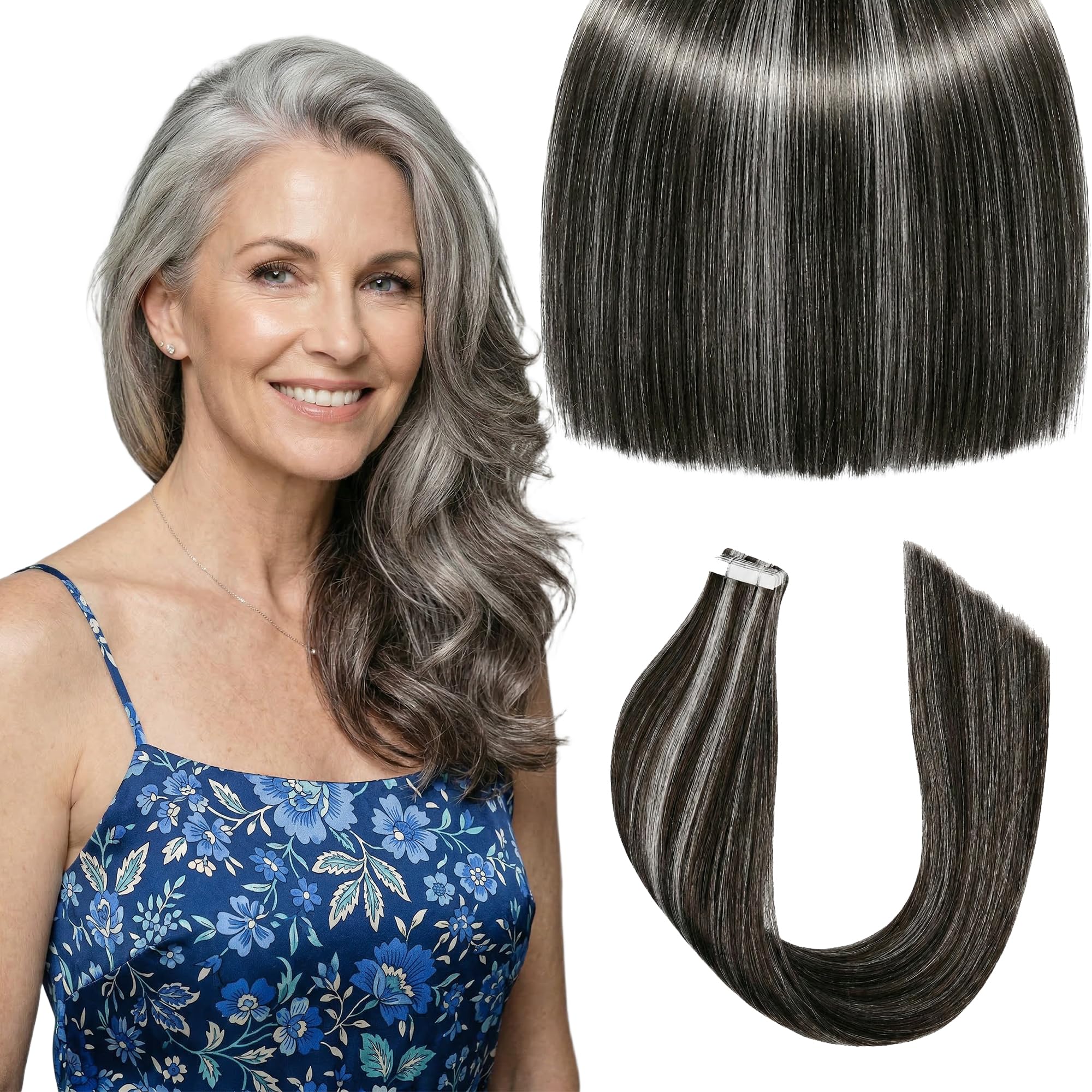 Photo 1 of Invisible Edge Tape in Hair Extensions Real Remy Human Hair - 16Inch 40g/20pcs Salt and Black Pepper - For Maximum Volume & Glamour