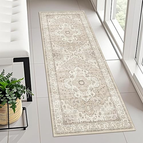 Alfombra de pasillo lavable de 2x5 pies - Alfombras de cocina antideslizantes beige estilo granja vintage para sala de estar, dormitorio, baño,