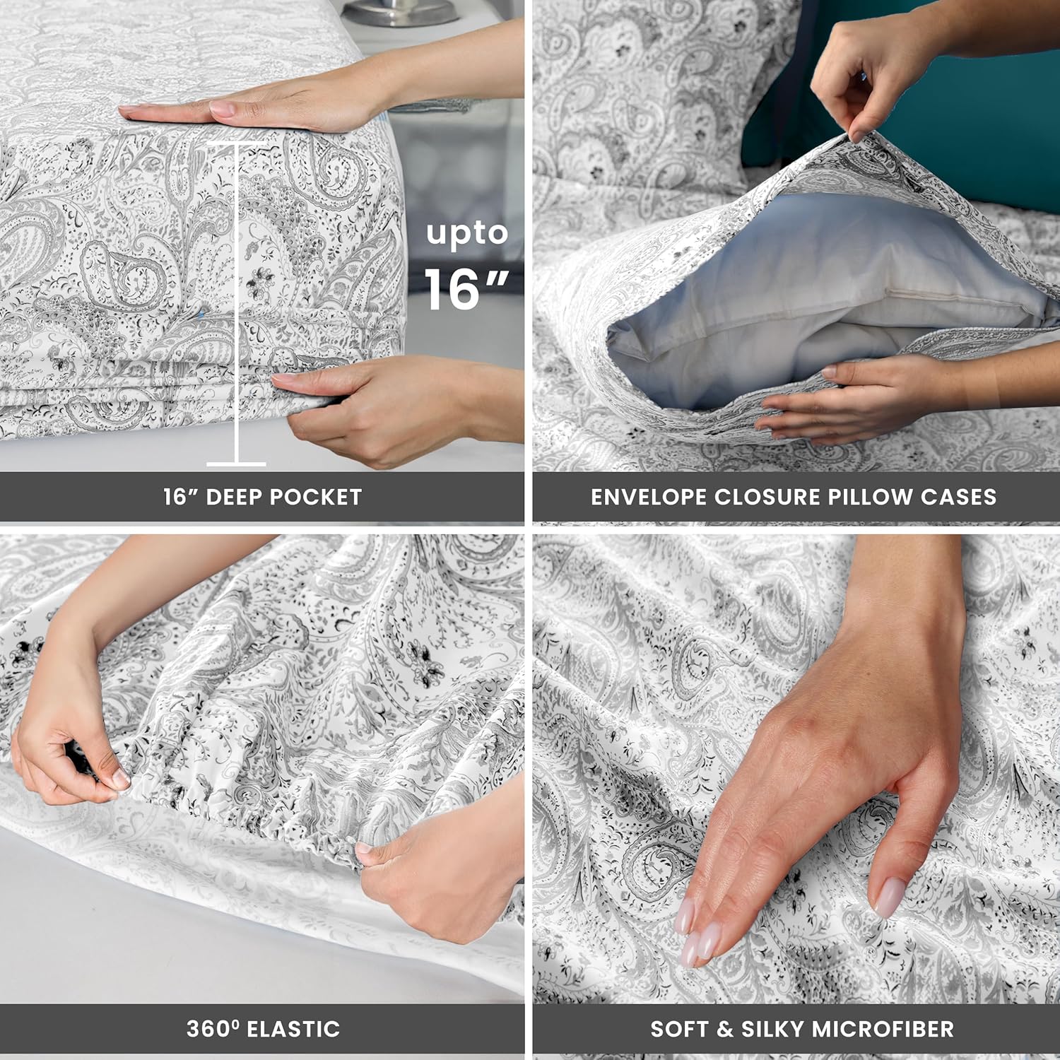 Ultra Soft Wrinkle-Free Microfiber Paisley Twin Sheet Set, Breathable Boho Bed Sheet Set – 16" Deep Pocket Fitted Sheet, Flat Sheet & 2 Pillowcases, Juegos de Sábanas, OEKO-TEX - White/Grey - Image 3