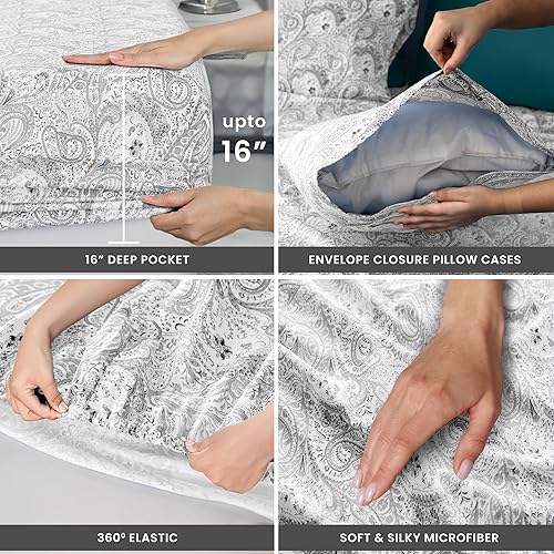 Miniatura 3 de LDC - Juego de sábanas de 4 piezas, de microfibra suave, estampado de cachemira, sábana encimera, sábana bajera con esquinas profundas y 2 fundas de