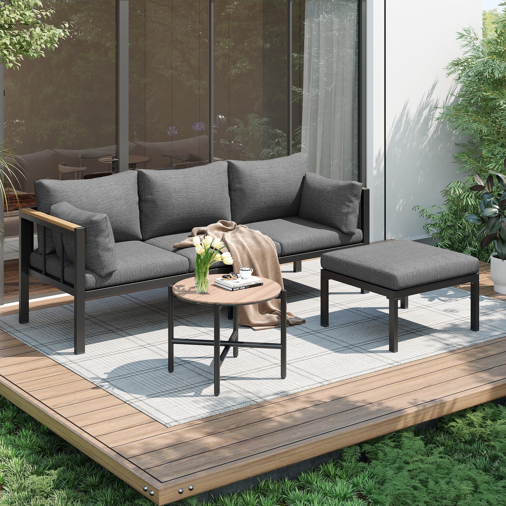 Conjunto Jardin Exterior 3 Piezas Muebles Jardin Exterior con Sofá de 3 Plazas, Banco y Mesa, Mesa y Sillas Terraza con Cómodos Cojines, Mesa y Sillas Terraza Exterior Muebles de Jardín, Gris