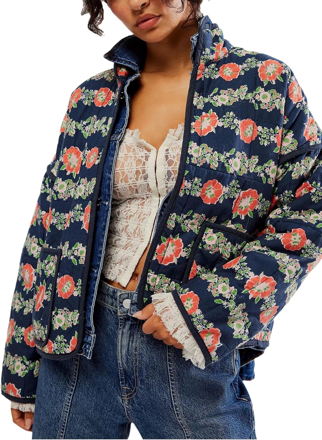 VAOYIU Women's Loose Retro Striped Quilted Jacket Stand Collar Cropped Puffer Outerwear Vintage Coat with Contrast Trim