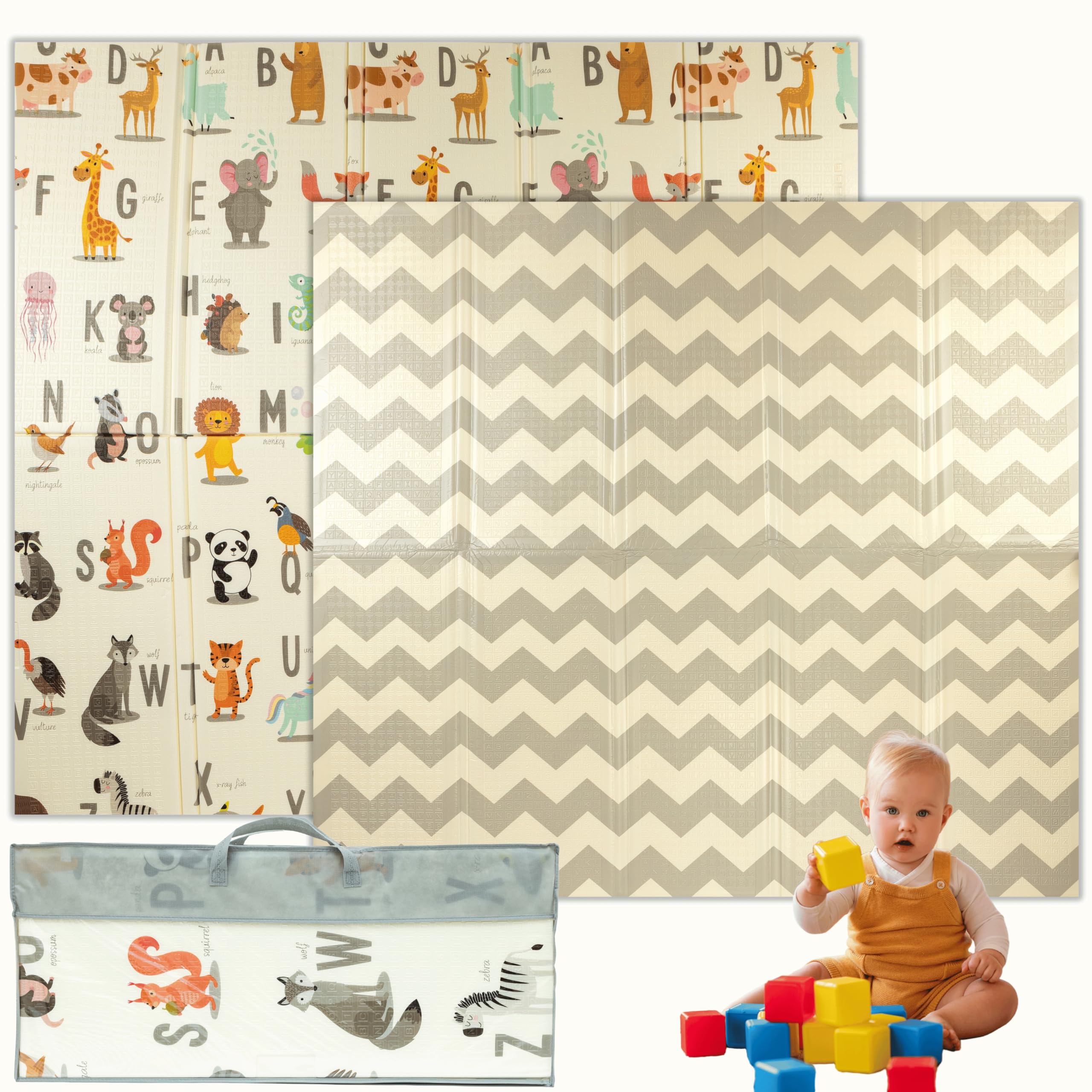 Alfombra de juegos para bebés, plegable, sensorial, impermeable, no tóxica, reversible. Alfombra versátil, perfecta para gatear de forma segura. (Style and Alphabet, 180cm x 200cm x 1.5cm thick)