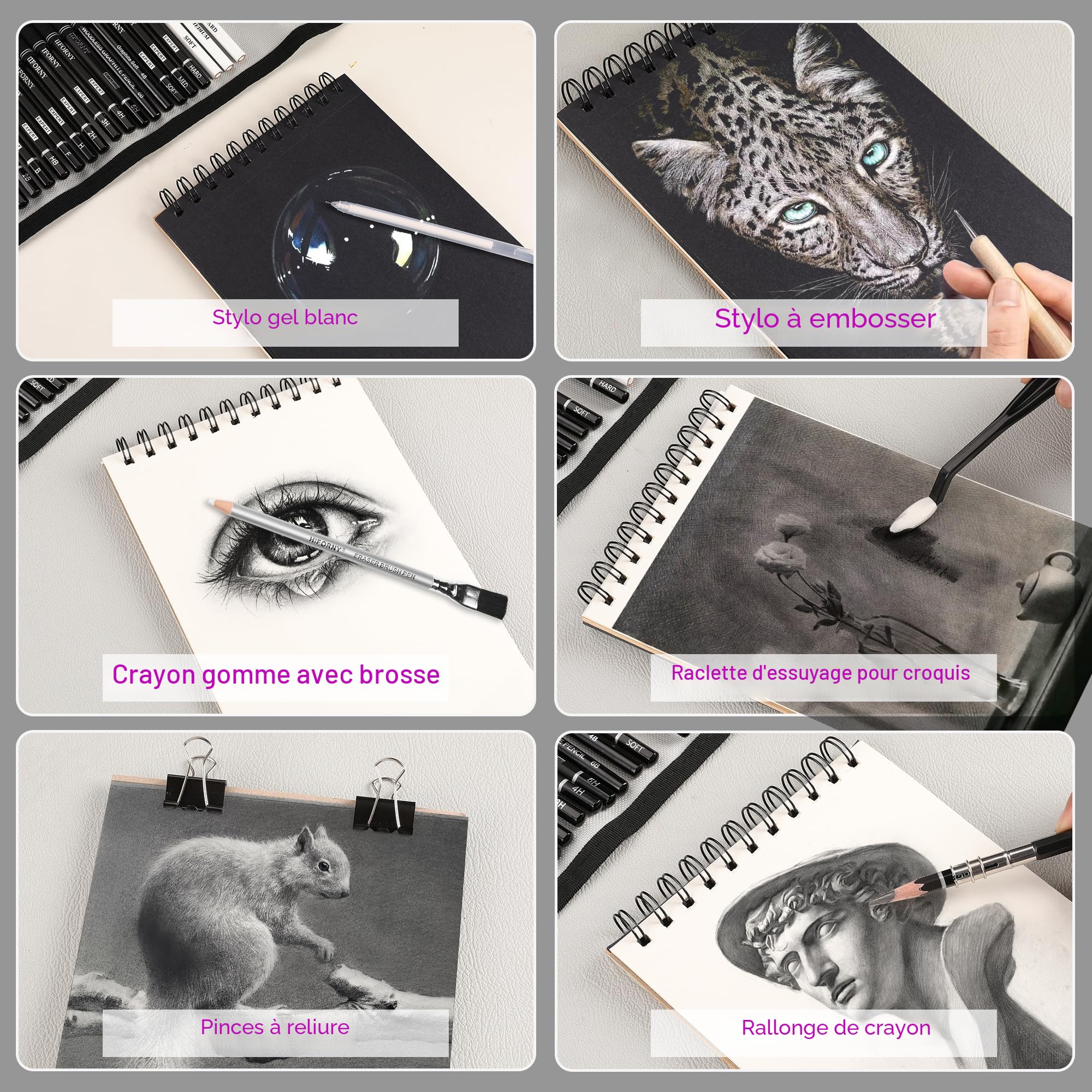 HIFORNY Lot de 60 Crayons à Dessin et Croquis - Fournitures Artistiques Avec Carnet de Croquis 3 Couleurs, Graphite, Fusain