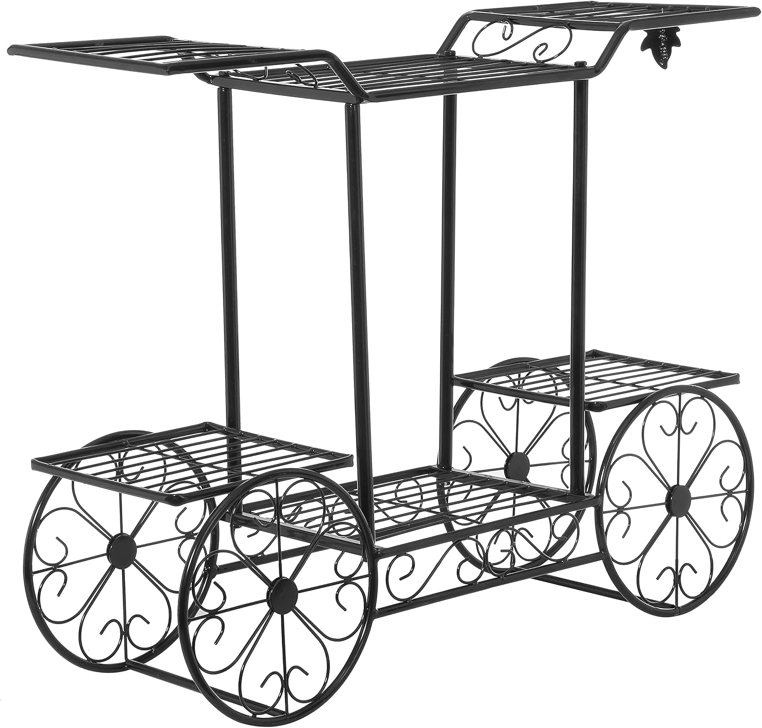 MyGift Black Metal Indoor Plant Stand, Multiple Tiered Plant Cart for Indoor House Plants with Decorative Wheels