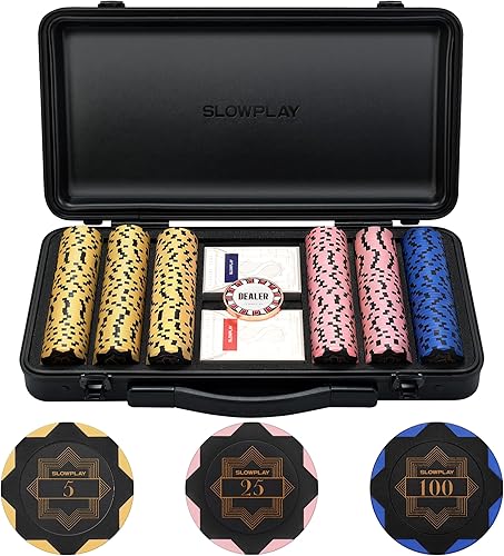 Vista 8 de SLOWPLAY Juego de fichas de póker de 14g de arcilla para Texas Hold'em, 500 piezas, con valores numerados, estilo Art Deco, y estuche de transporte
