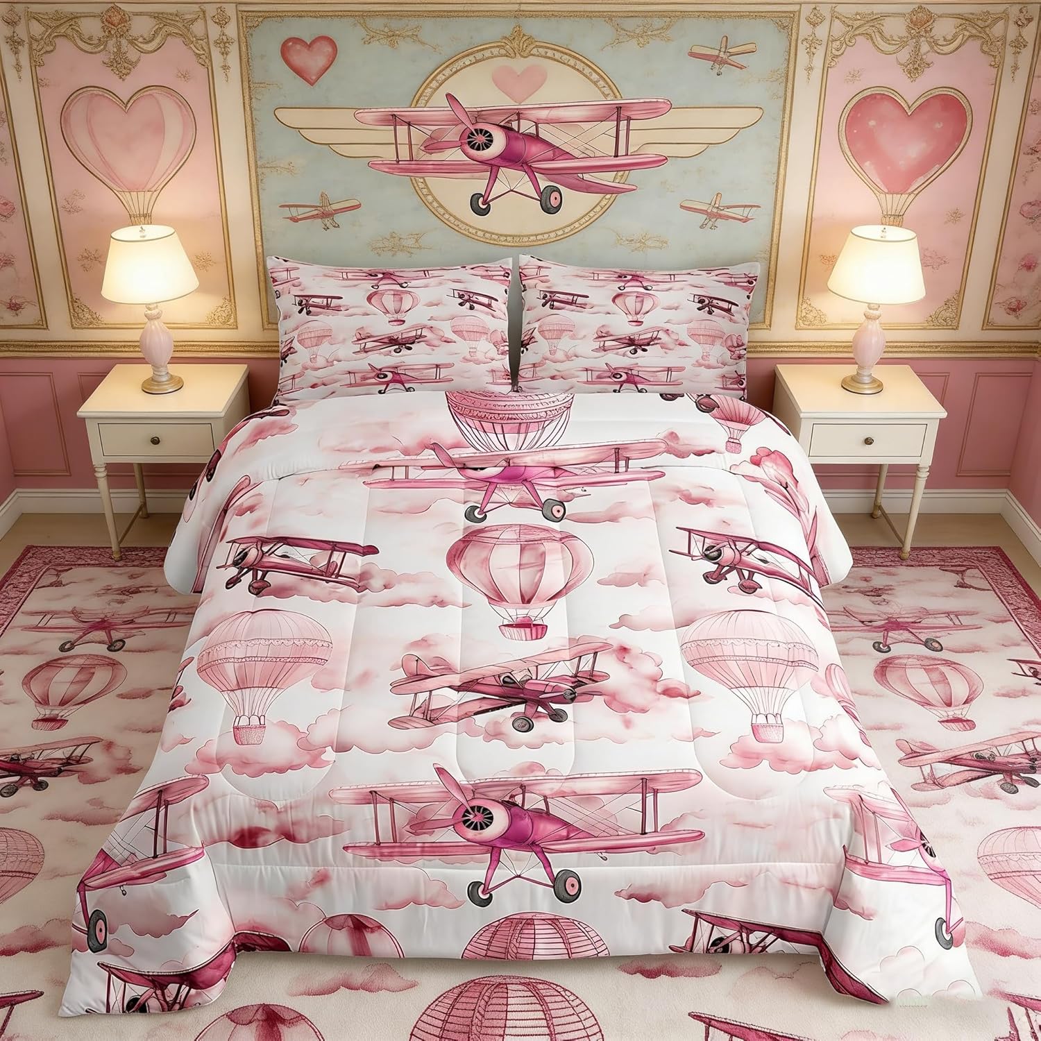 Manfei Cartoon Airplane Kids Comforter Set Twin Size,Hot Air Balloon Clouds Sky Princess Bedding Set,Girls Women Room Decor,Aviation Aircraft Down Comforter,Pink White Duvet Insert,1 Pillowcase