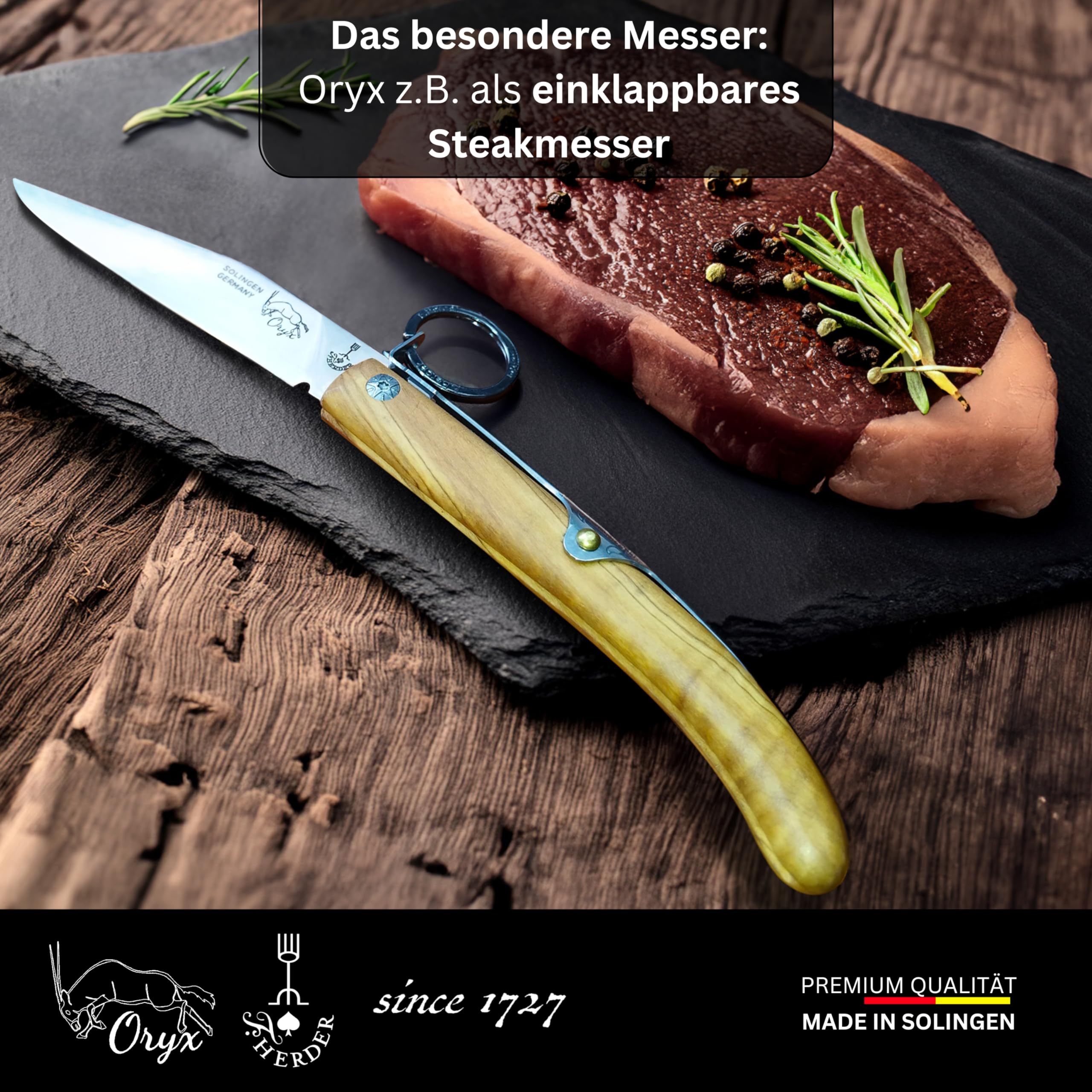 Original Oryx Taschenmesser/Steakmesser, Ring-lock Forkbrand aus Solingen - Walnuss, Premium, 11 cm Klingenlänge, einklappbar