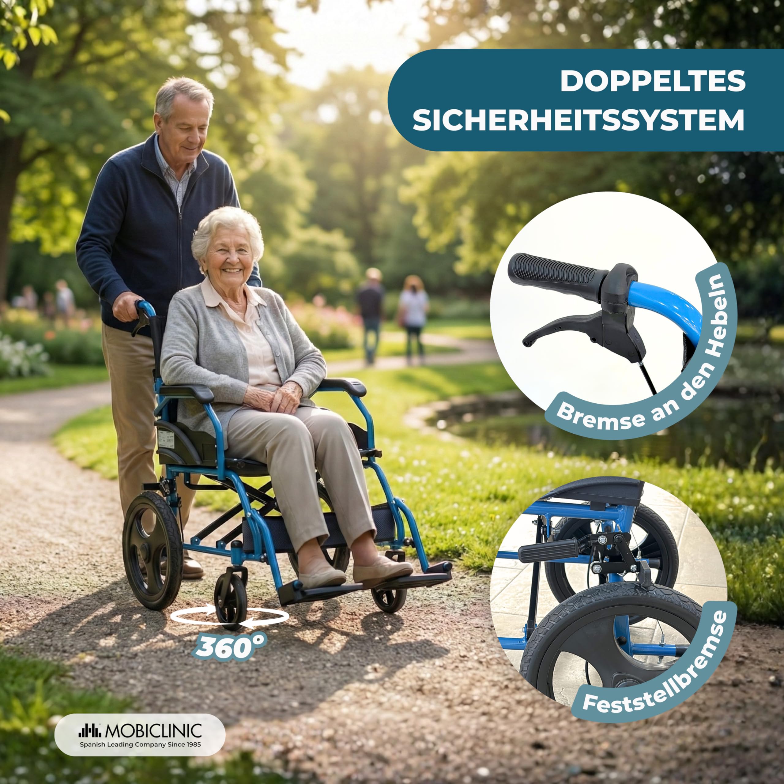 Mobiclinic®, Faltbarer Rollstuhl, Transportrollstuhl, Klappbare Rückenlehne, Klappbare Fußstützen, Doppel Bremssystem, Verstärkter Stahl, Bis 100 kg, Leicht und kompakt, Faraón