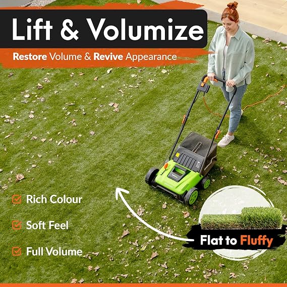 GreenSweep TurfoGlide | Artificial Grass Electric Turf Sweeper, 320mm Working Width, 1500W Mains-Powered Motor, 3,500 RPM Helical Brush, Lifts Flattened Turf & Collects Debris