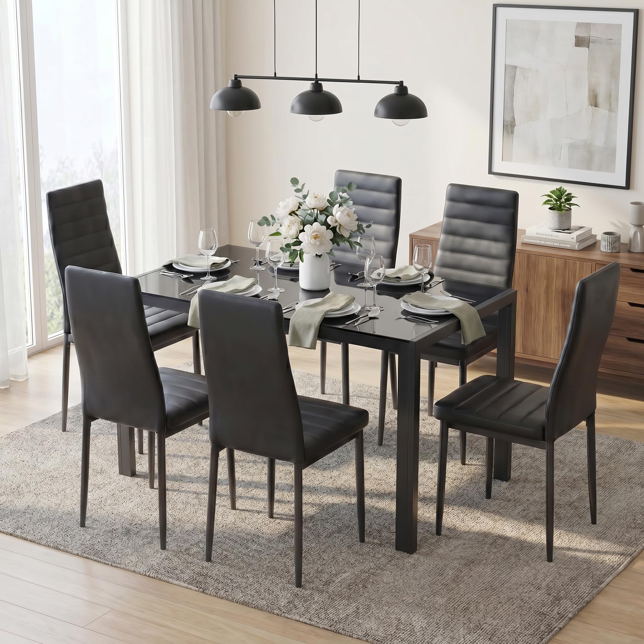 Gizoon Glass Dining Table Sets for 6, 7 Piece Kitchen Table and Chairs Set for 6 Person, PU Leather Modern Dining Room Sets for Home, Kitchen, Living Room