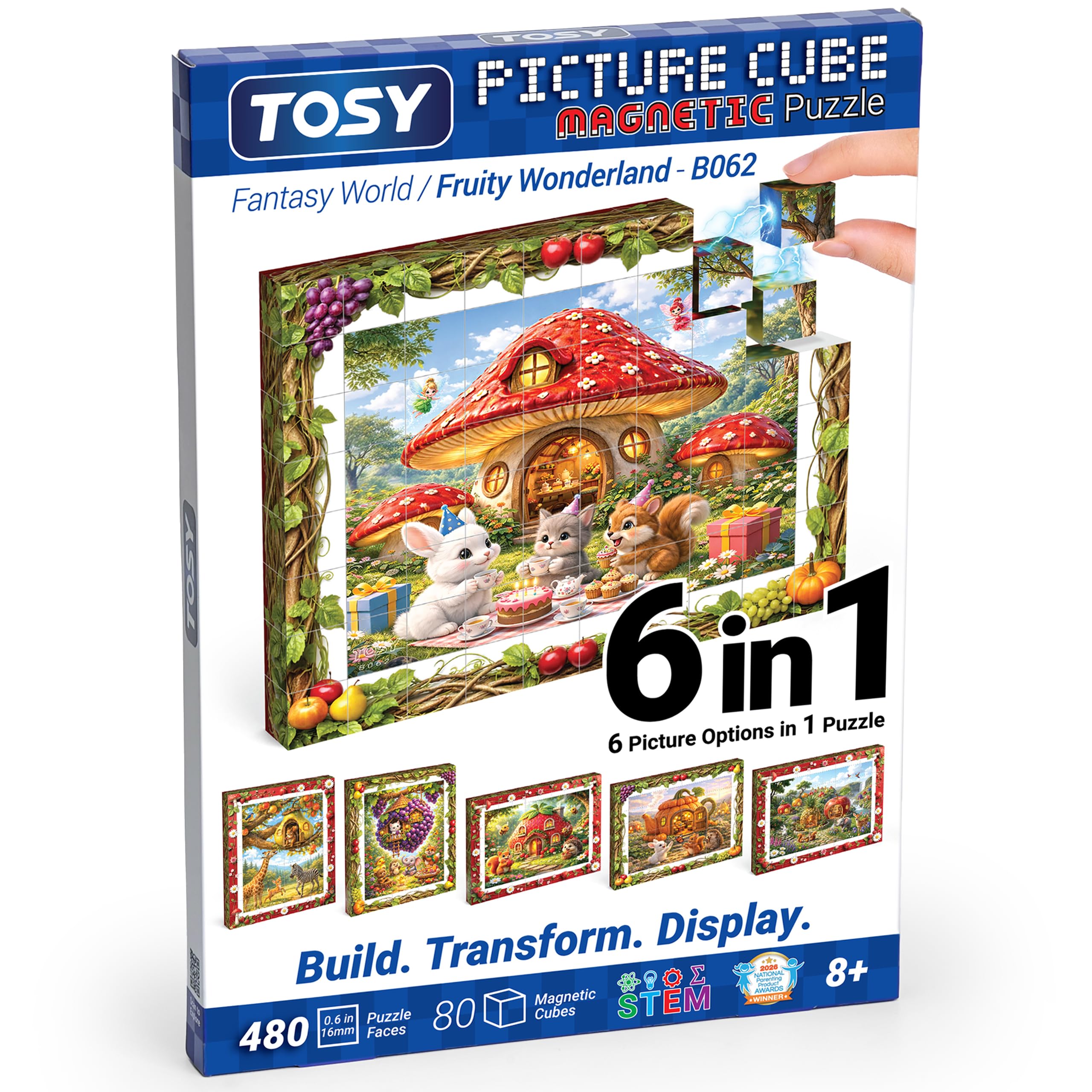 TOSY Picture Cube Fruity Wonderland: 6-in-1 Magnetic Picture Puzzle, 80 Blocks, 480 Puzzle Faces, 0.6in, B062, Seamless UV Art, Display-Ready Frame, Collectible, STEM/STEAM Gift for Kids & Adults