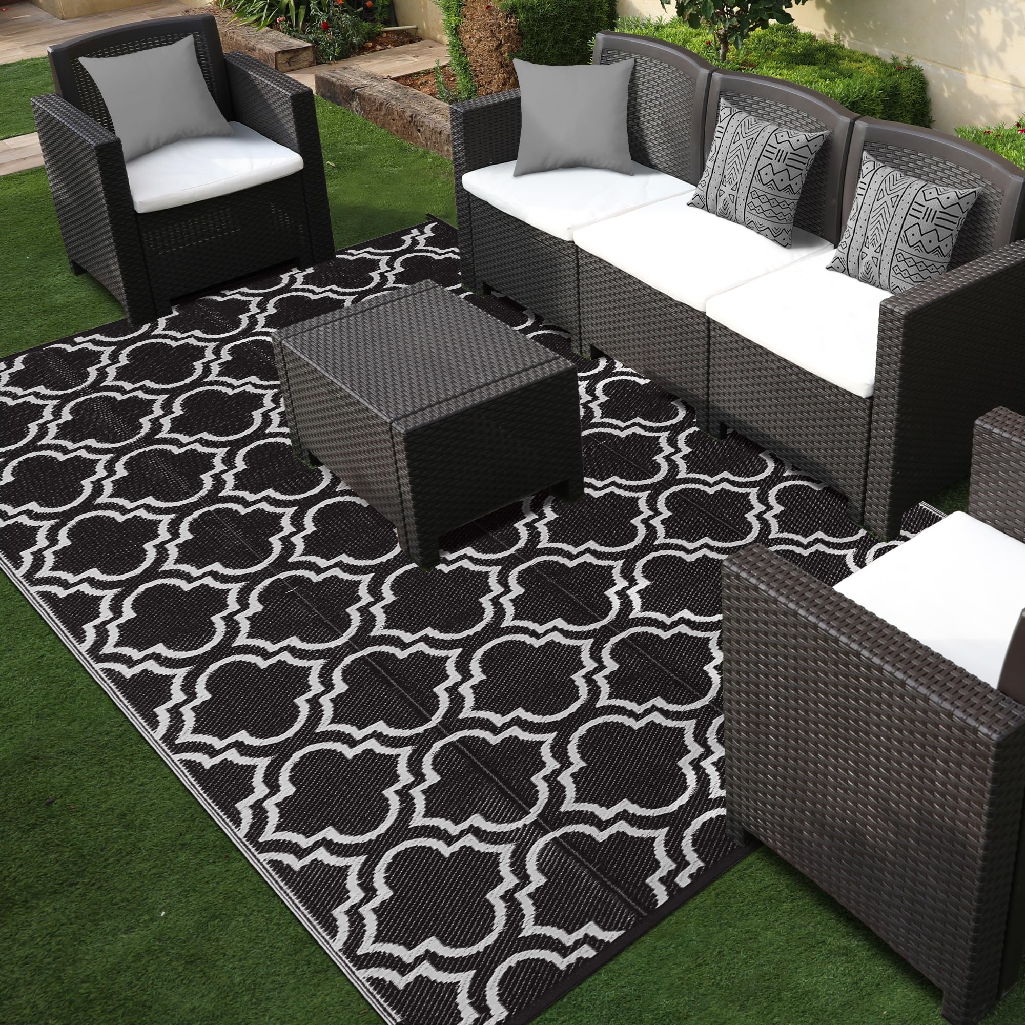 Ompaa Outdoor Plastic Straw Rug for Patio Waterproof, 8x10 Large Reversible Portable Outside Porch Rugs Carpet for Camping Picnic Mat, RV, Backyard, Balcony, Deck, Black & White