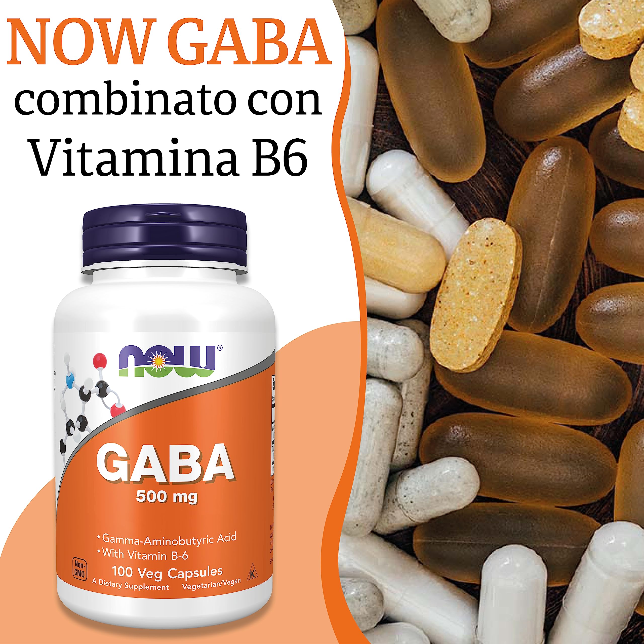 Now Foods, GABA, 500mg, 100 Capsule vegane, Testato in Laboratorio, Vitamina B6, Senza Glutine, Senza Soia, Vegetariano