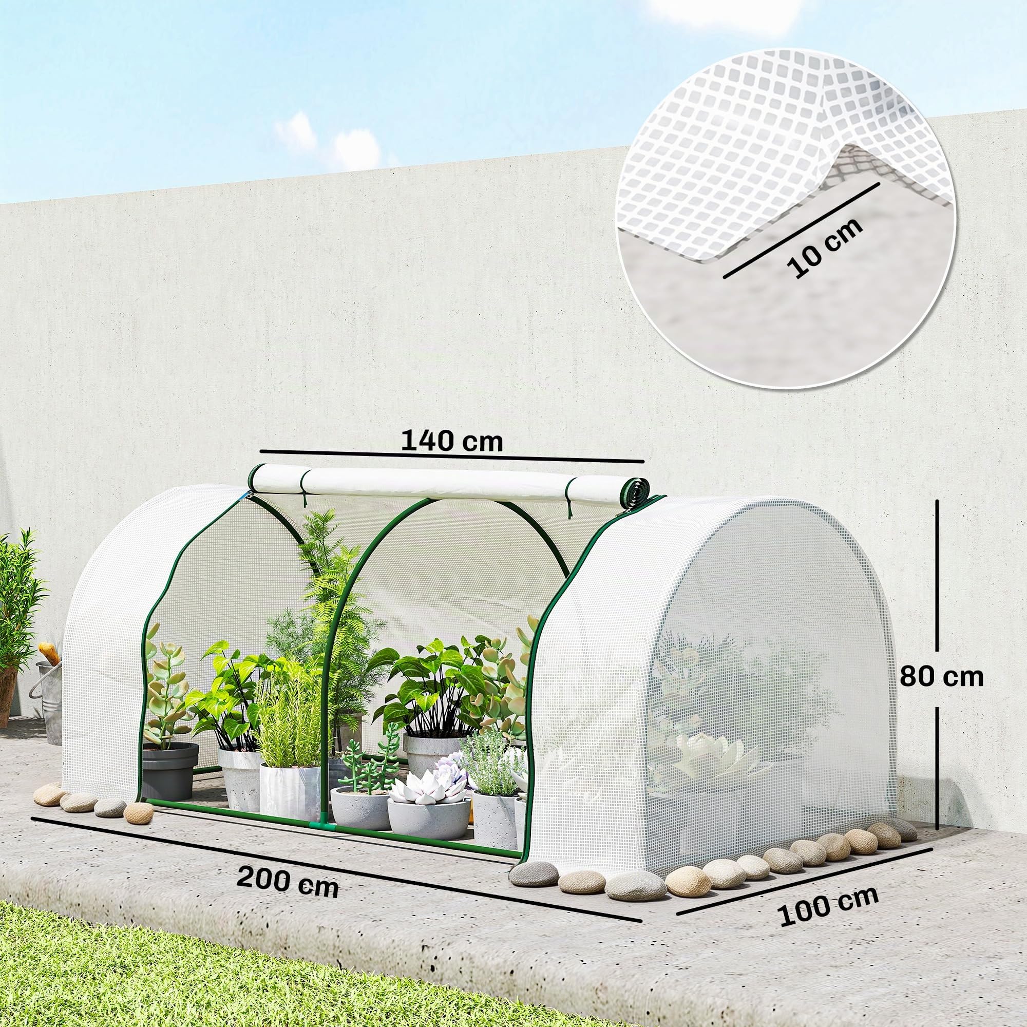 Outsunny Serra da Giardino 2x1x0.8 m con Finestre Avvolgibili Bianco | Serra per Orto, Struttura in Acciaio, Copertura PE, per Orto Verdure Fiori Frutta, Anti UV