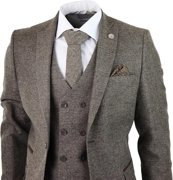 Mens Wool 3 Piece Suit Double Breast Waistcoat Tweed Blinders Classic 1920s Oak