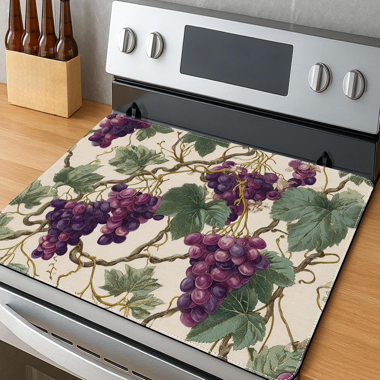 Grapes Stove Top Cover for Electric Stove, Vintage Botanical Vines Leaves Summer Violet Pu Surface Cooktop Cover for Induction or Electric Rv Kitchen Decor 28x20 Inch