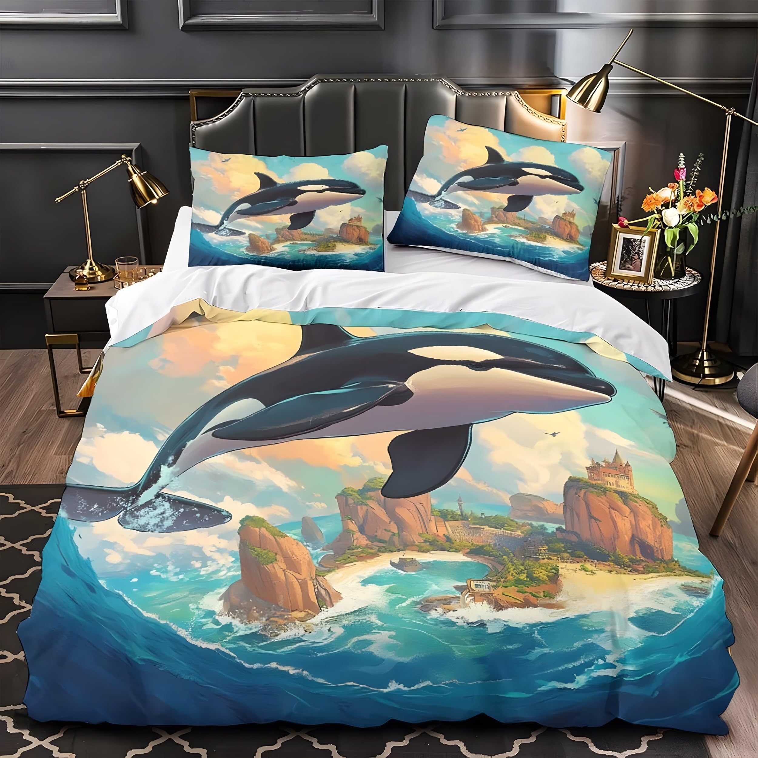 YZQGLHP Orca Small Double Duvet Cover Set 135x220cm – 3D Print Underwater World Lightweight Microfiber Bedding, Soft Quilt Cover with Zipper & 2 Pillowcases 50x75cm