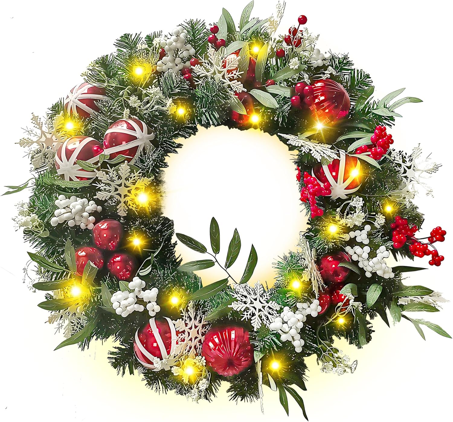 Yoyomax Pre-Lit Artificial Christmas Wreath - 24 Inches, Red/White, Indoor/Outdoor, Lighted Spruce Wreath