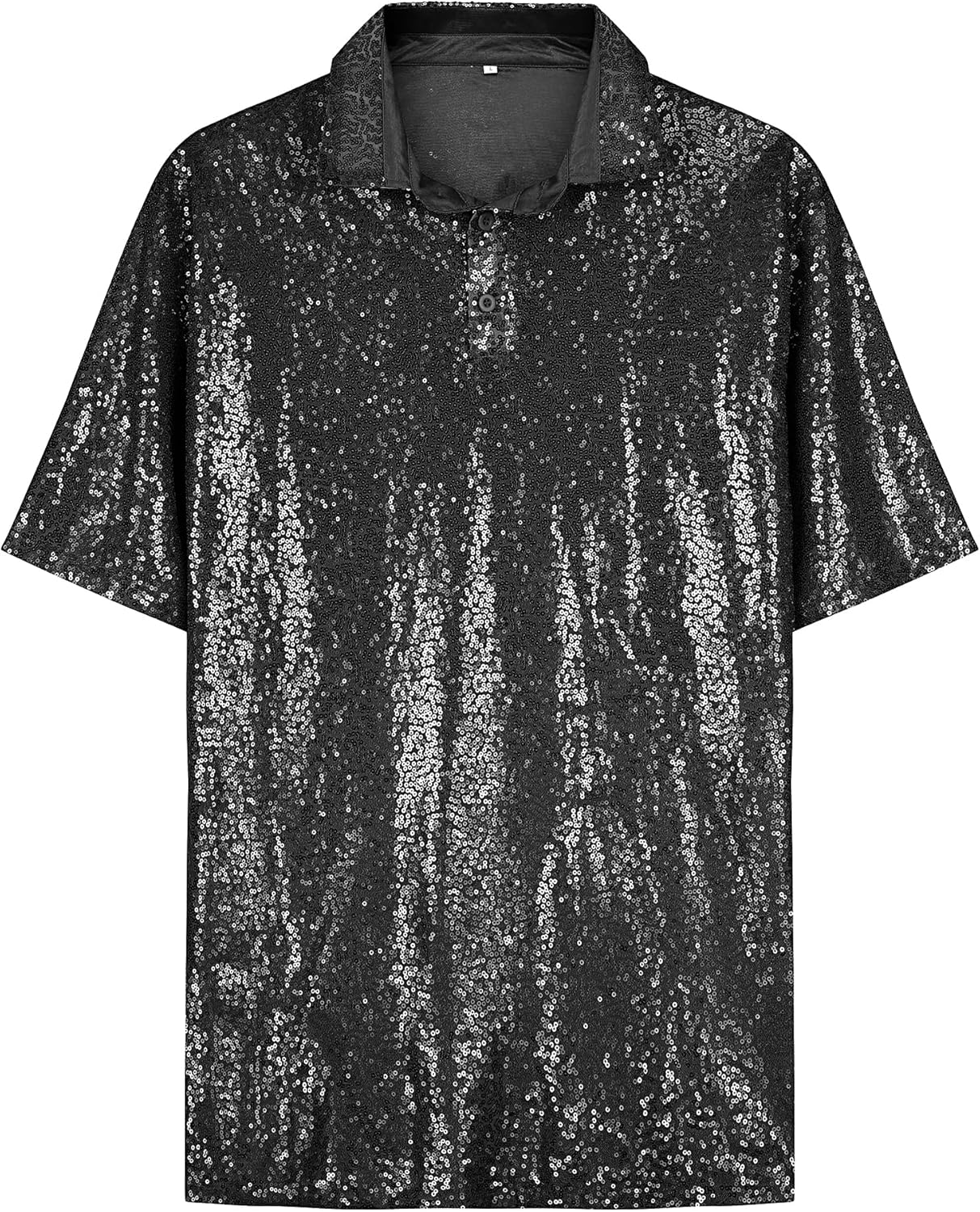 URRU Men's Relaxed Short Sleeve Turndown Sparkle Sequins Polo Shirts 70s Disco Nightclub Party Shirt Top - Image 3