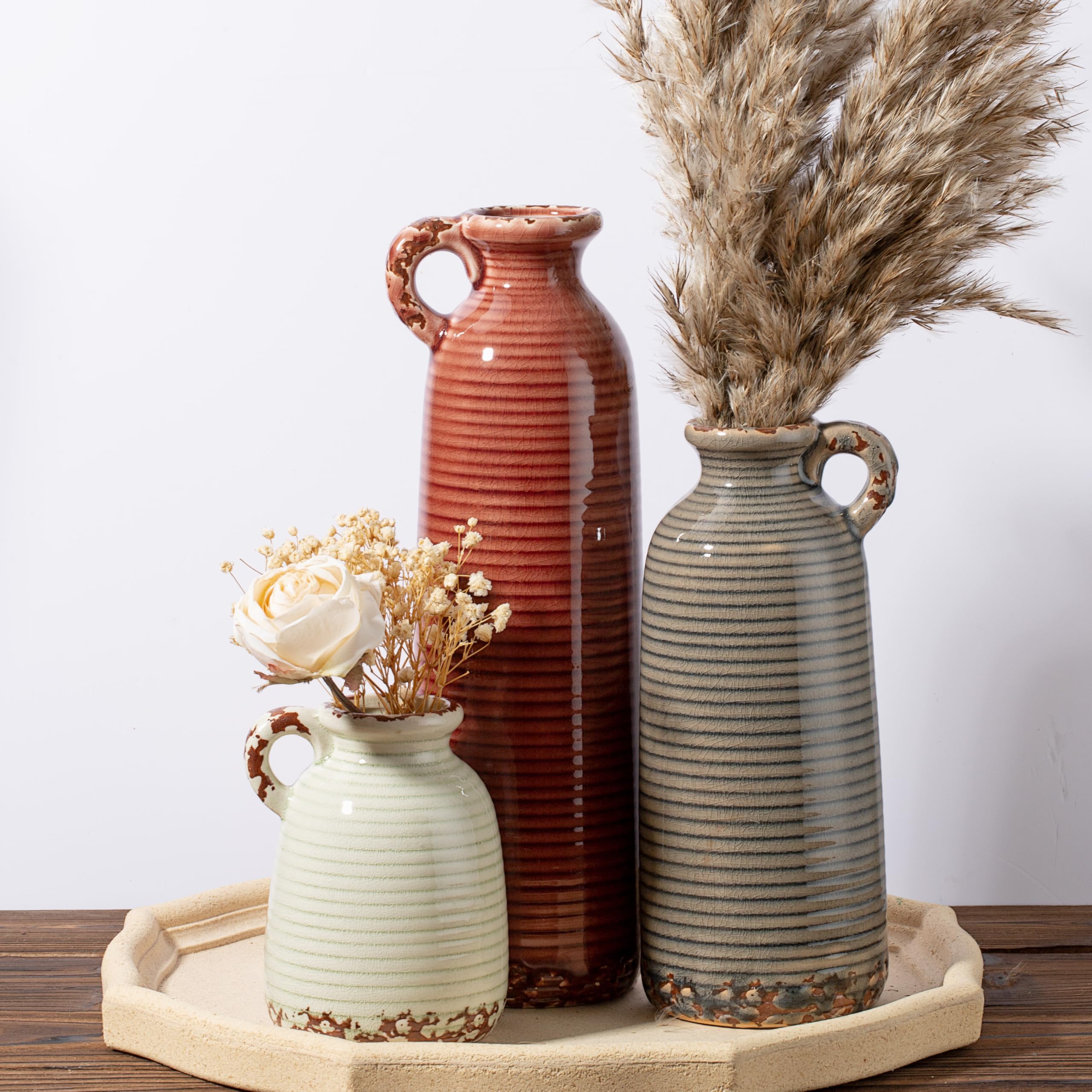 Sawoake Ceramic Vase Set of 3 with Handles, Brown Neutral Rustic Modern Farmhouse Boho Decor, Versatile as Table Centerpiece or Mantel & Shelf Accent - Unique Home Gift Idea