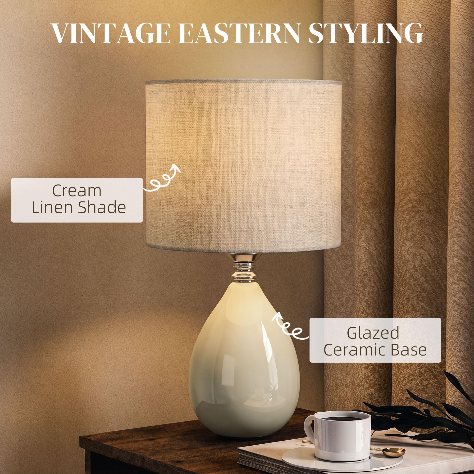 Lampka stołowa HOMCOM w stylu orientalnym vintage, kremowobiała