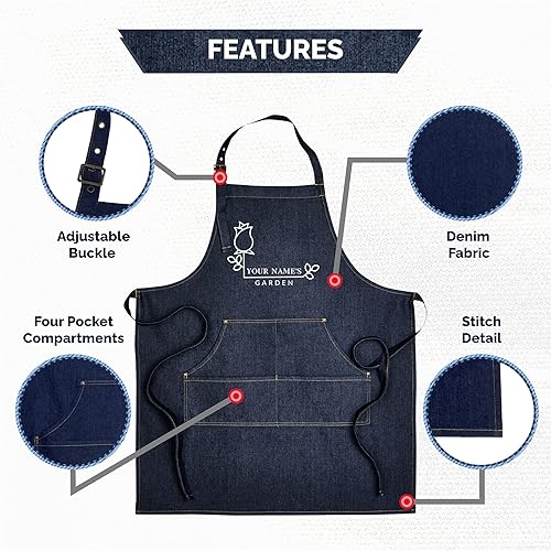 Miniatura 13 de Delantal de jardinería con bolsillos para mujeres y hombres - Delantal de mezclilla personalizado - Regalos de jardín personalizados Indigo Denim