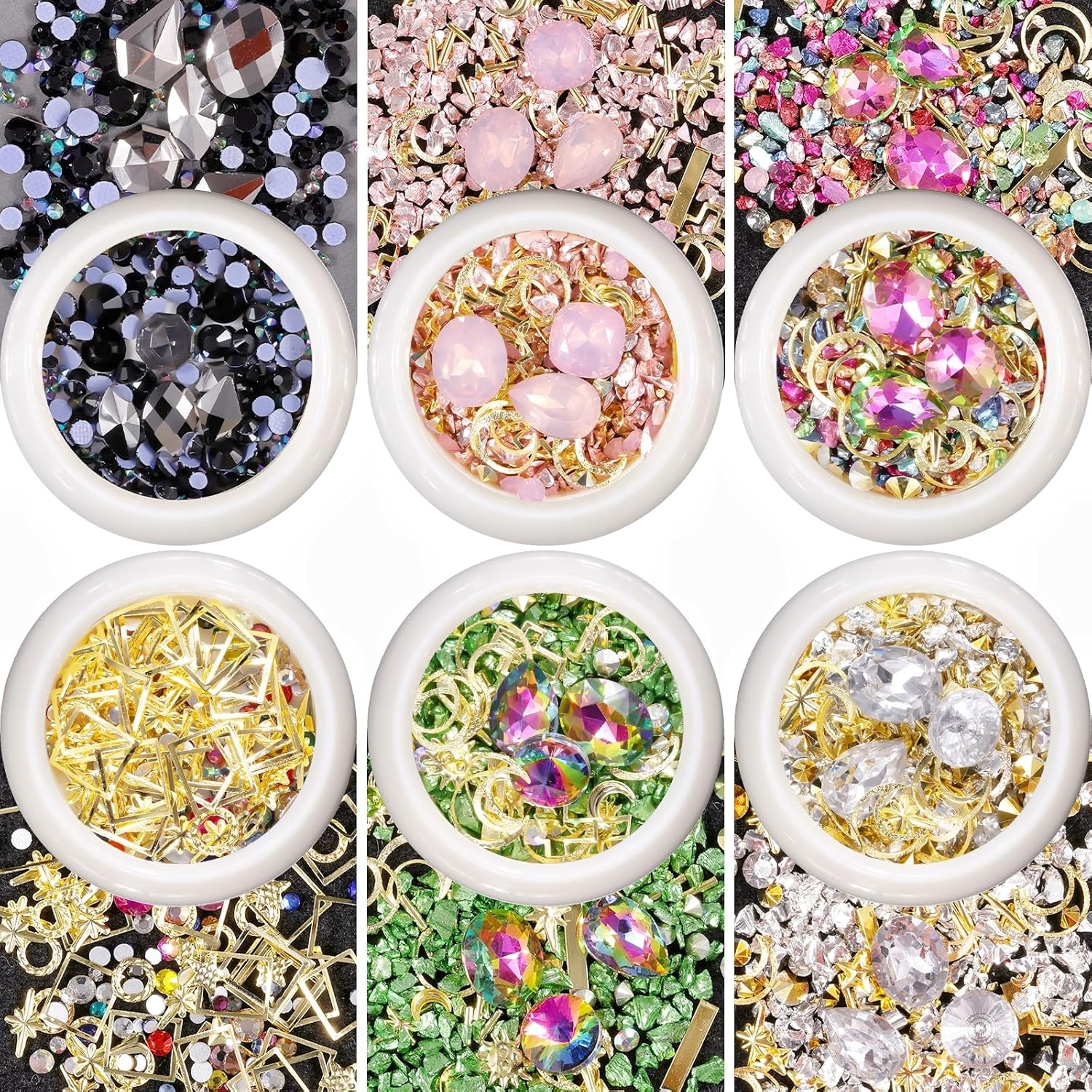 editTime 6 Wheels Mixed Sparkle Nail Art Rhinestones Diamonds Crystals Beads Kunstparels en Goud Zilver Nail Studs Gems Metalen Klinknagels Charms Holle Moon Star Shaped (Micro Mini Stones Kit)