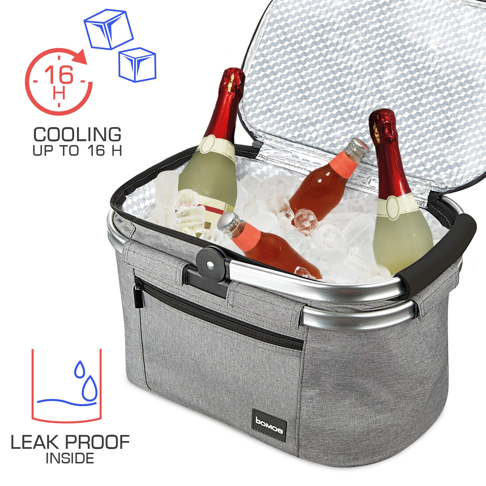 bomoe Kühlkorb Faltbar – Einkaufskorb Thermo Korb für unterwegs – Outdoor Picknickkorb 16h Kühlfunktion Klappbare Tragestange Kühltasche – div. Größen