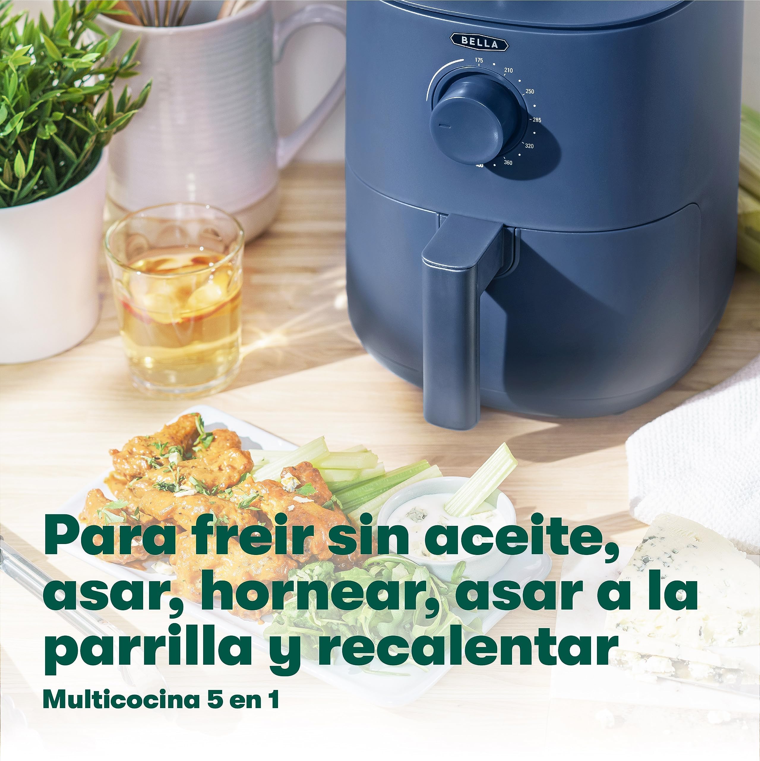 bella Freidora de Aire de 3 L, Sin Precalentamiento, Sin Aceite, Sartén Antiadherente y Bandeja para Elementos Crujientes Aptas para Lavavajillas para Facilitar la Limpieza, Color Azul Mate