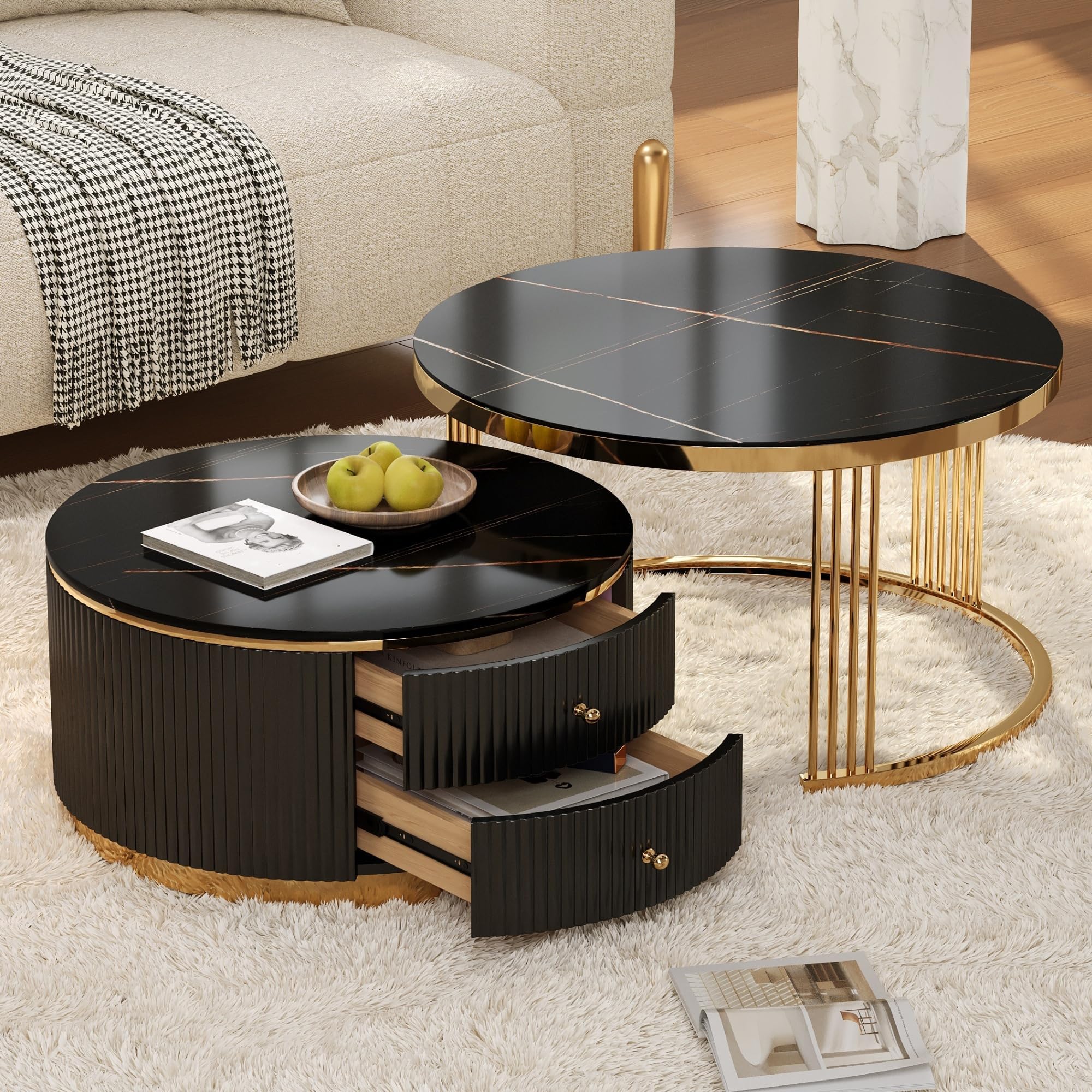 27.6" Black Nesting Coffee Table Set of 2, Modern Round White Coffee Table for Living Room with Storage Drawer Marble Tabletop End Side Table for Bedroom