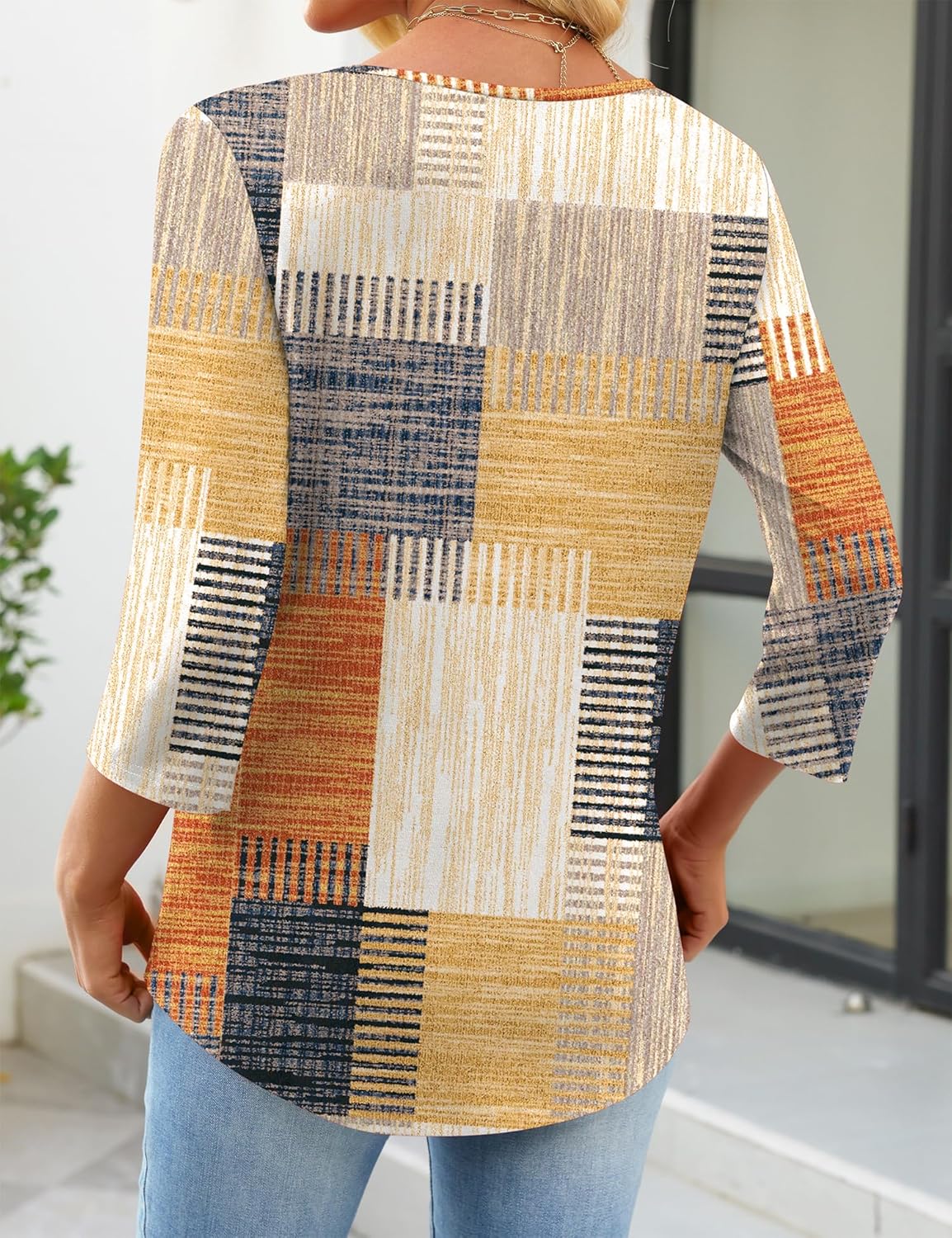 LUYAA Womens 3/4 Length Sleeve Square Neck Button Blouse Dressy Casual Asymmetrical Tunic Tops - Image 5