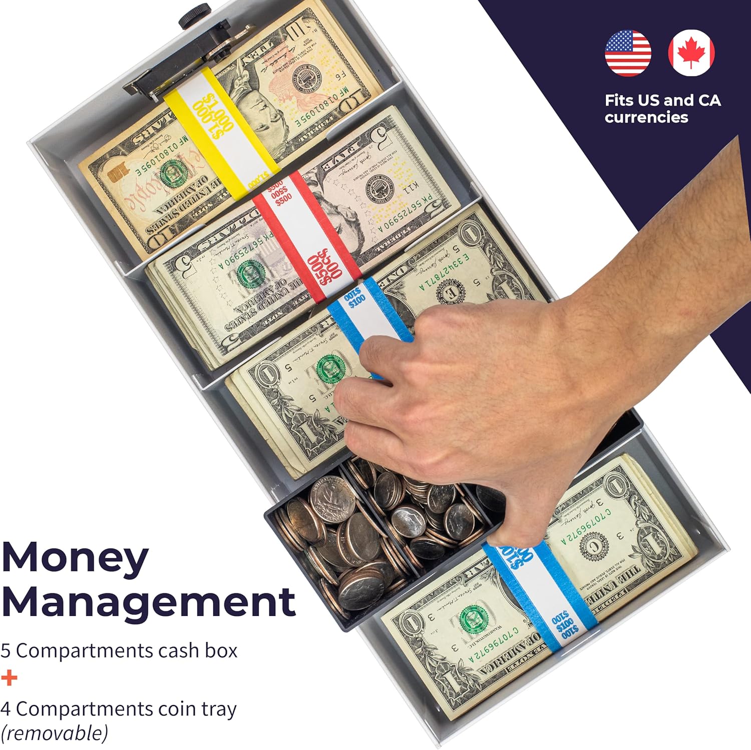 Volcora Cash Box Money Organizer - 15” x 7.5” x 4” Cashbox 5 Compartments Drawer Tray - Bills and Coin Slot with Combination Lock for POS Register, Kiosk, Retail, Personal and Business Use, White