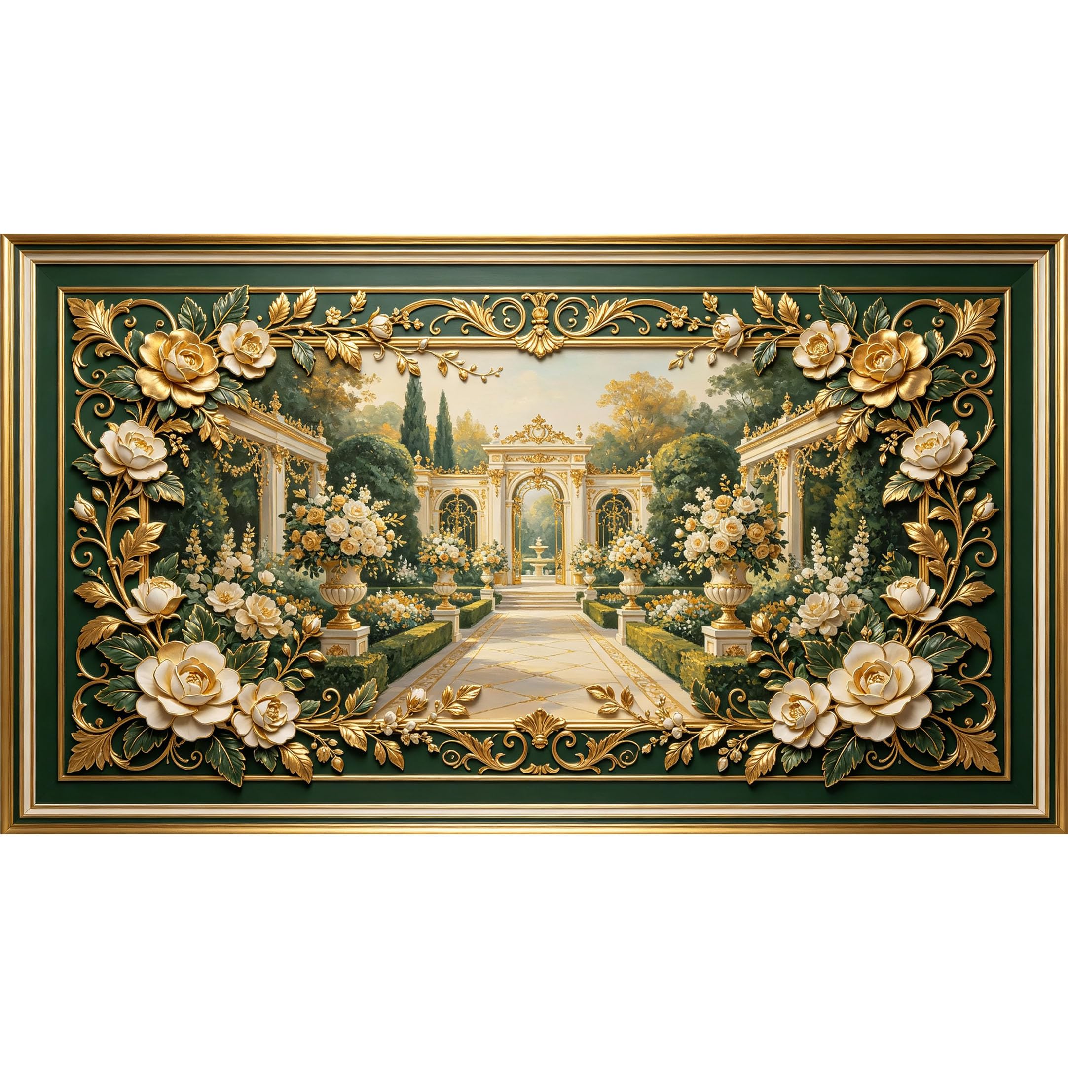 QZLITHOTIC 50×90cm3D Framed Wall Art， Neoclassical Golden Floral Garden Archway Self?Adhesive Mural， Water?Activated Peel & Stick Fabric Decor Wall Decal for Bedroom Living Room